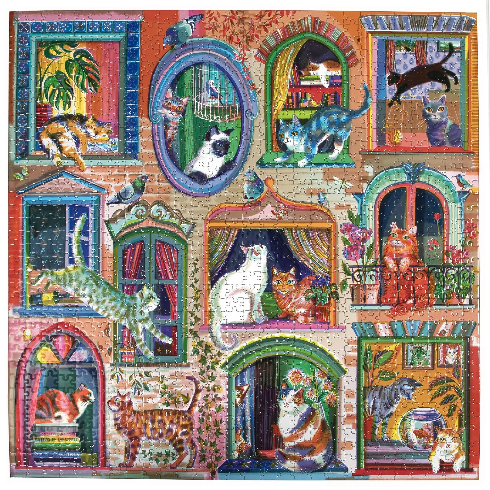 eeBoo Piece and Love Cats In Windows 1000 piece square adult Jigsaw Puzzle, Shades of Brown, Gray, and White, 1000 pieces - Image 2