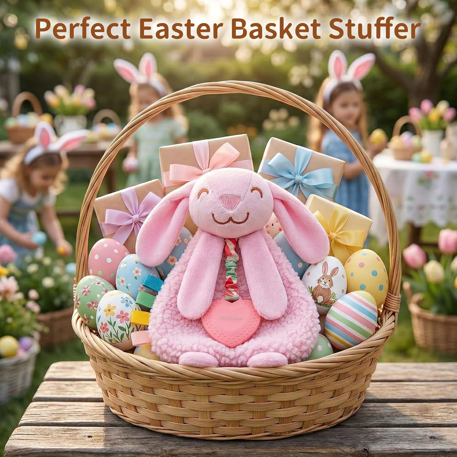 Pro Goleem Baby Easter Basket Stuffers Bunny Loveys for Babies Girl and Boy, Baby Lovey with Teether, Baby Toys 0 3 6 9 12 Months, Safety Teething Toys for Babies Infant Newborn and Toddler Gifts
