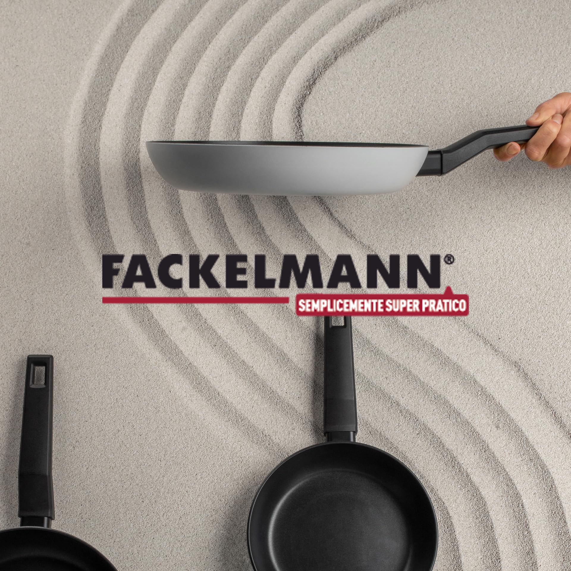 Fackelmann Set Padelle, Wok Ø30 in Alluminio Riciclato, 3 Padelle Antiaderenti Effetto Pietra 20/24/28 cm, 2 Coperchi Universali in Vetro, bordo silicone, Adatte Induzione, Senza PFAS, Linea Balance