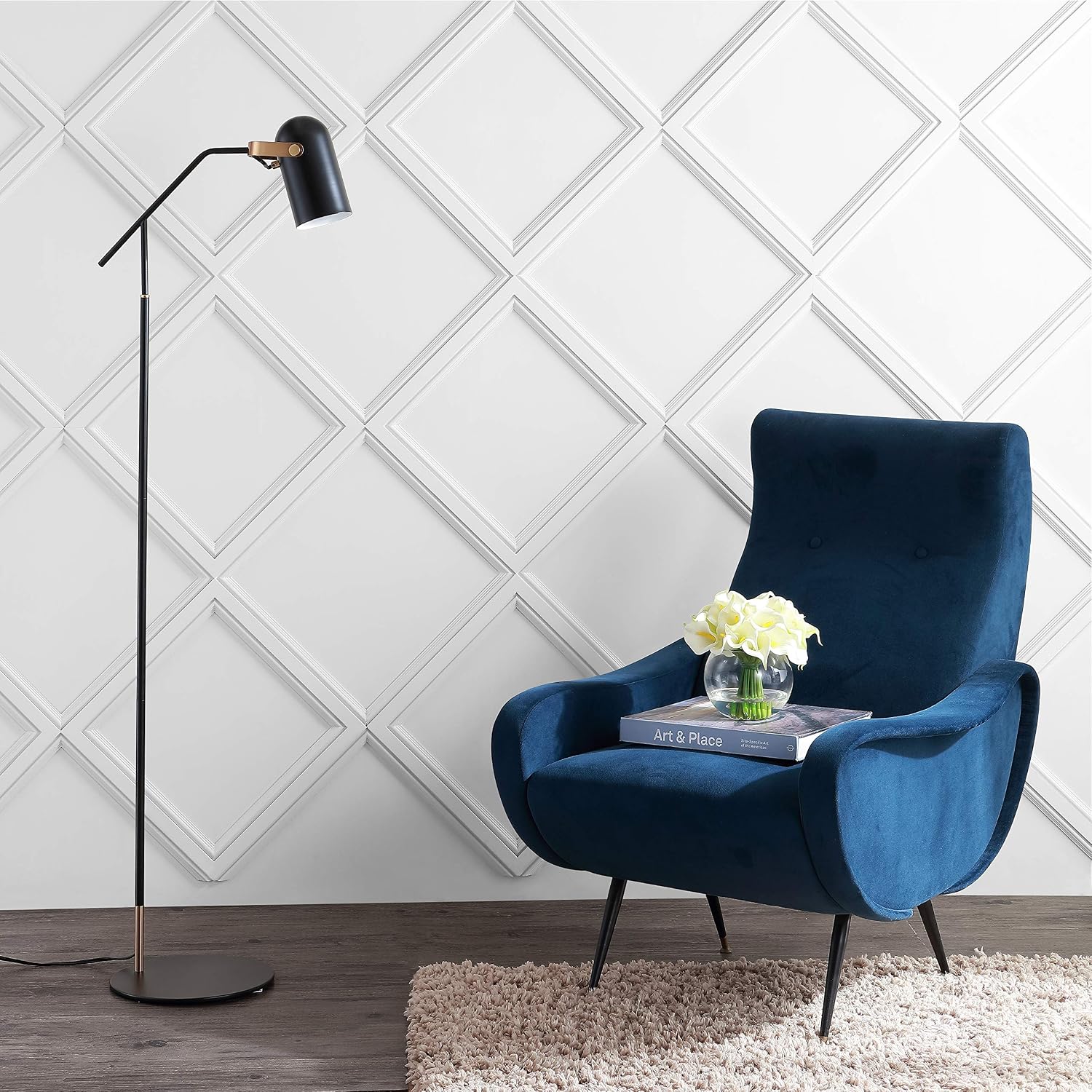 JONATHAN Y 58.5" Black/Brass Gold Metal LED Floor Lamp, Adjustable Task Lamp with Levered Arm and Spotlight Shade, Mid-Century Modern Design for Living Room, LED Bulb Included JYL6117A