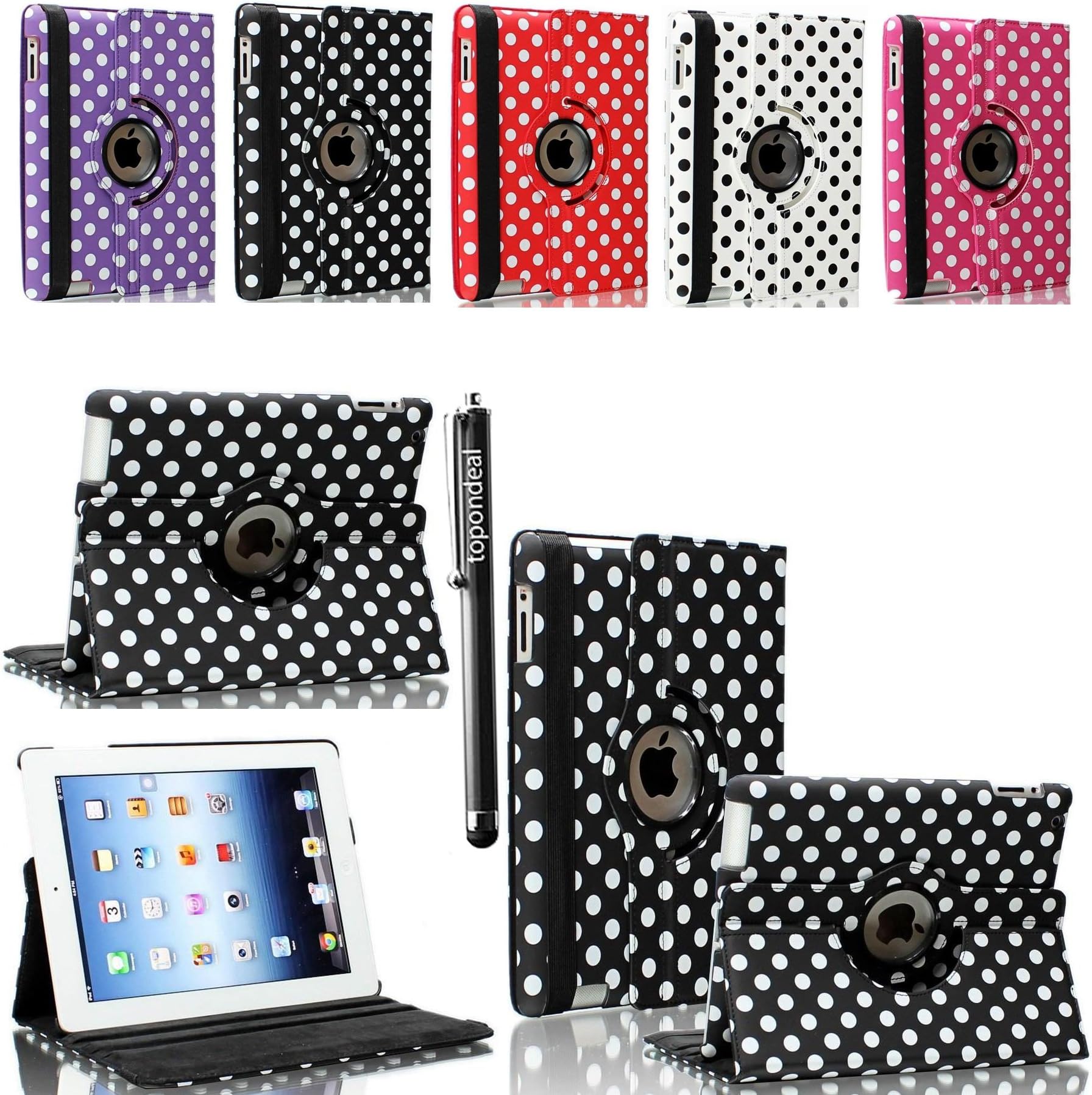 For Apple iPad Mini 7.9 Inch Retina Display TopOnDeal TM Black and White Polka Dot Pattern With 360 Degrees Rotating Stand PU Leather Case Cover+Stylus Touch Pen(ONLY FOR IPAD MINI) (Black and White)