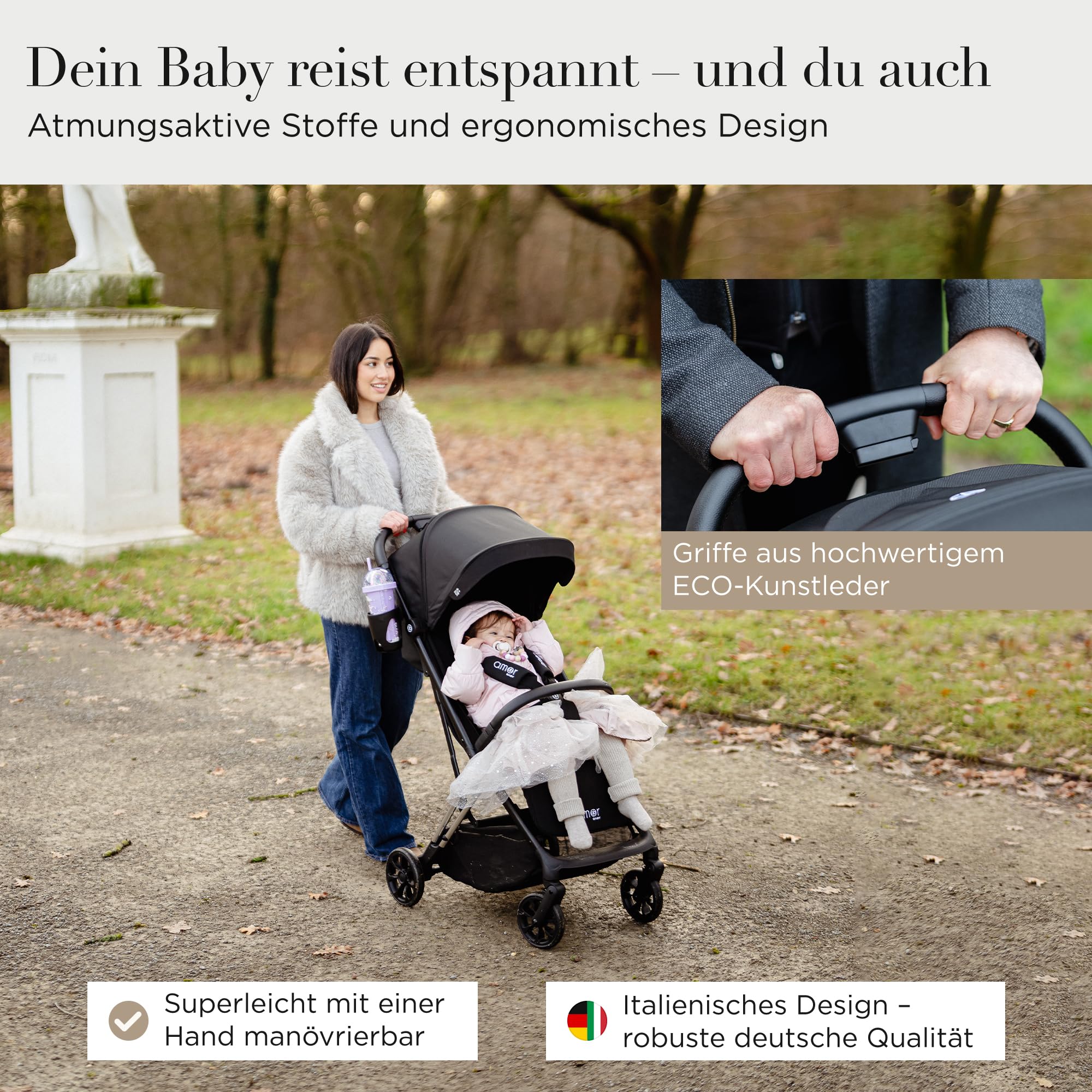 AMOR BABY Reisebuggy leichter Kinderwagen mit Einhand-Faltsystem klappbar kompakt für Reisen Auto Urlaub verstellbarer Sitz