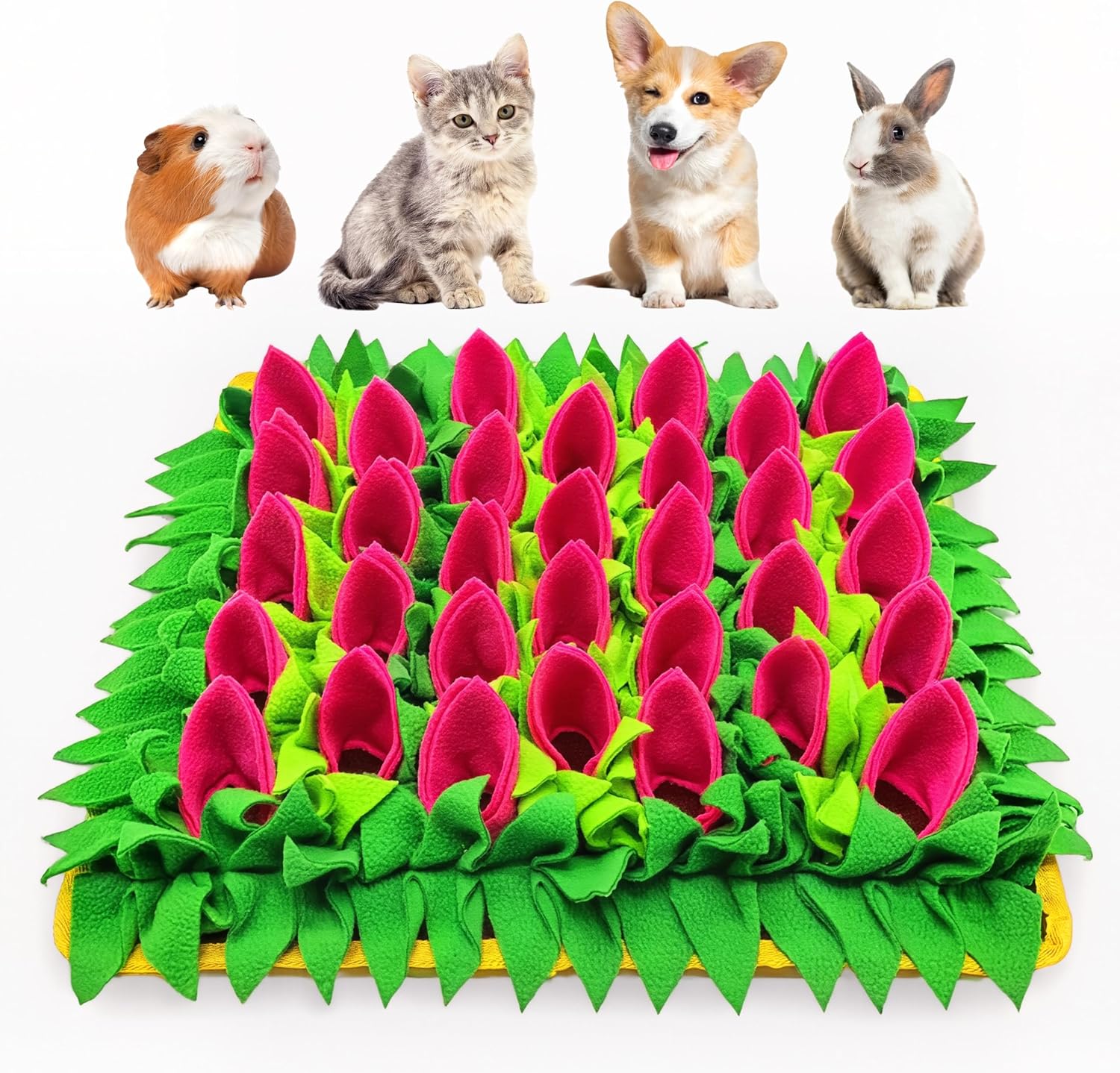Snuffle Mat for Dogs, Cats, Rabbits, Guinea Pigs, Durable Washable Pet Feeding Mat, Flower & Grass Slow Feeder, Nose Work Training Pad, Anxiety Relief & Mental Stimulation(S, Yellow/Rose Red)