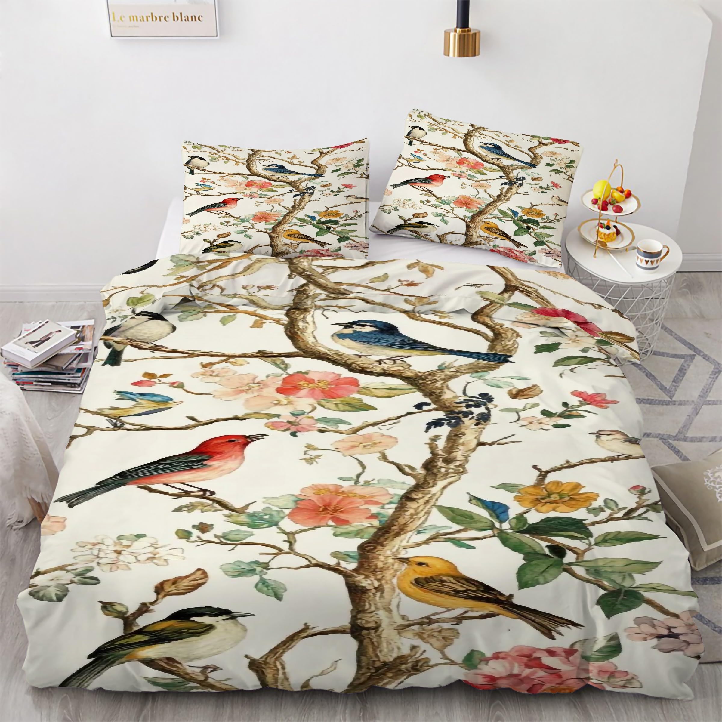 Housse de Couette 240 x 260 Fleurs Parure de Lit Oiseau 3 Pièces en Microfibre Douce KG2460
