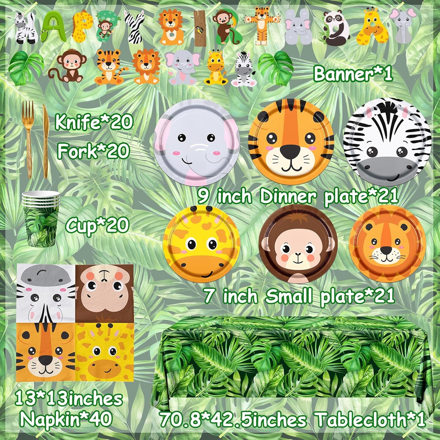 144Pcs Jungle Safari Birthday Plates,Safari Animal Tableware Set Zoo Theme Birthday Paper Decorations Zoo Animal Face Plates,Wild Leaf Tablecloth for Baby Shower Jungle Safari Theme Party