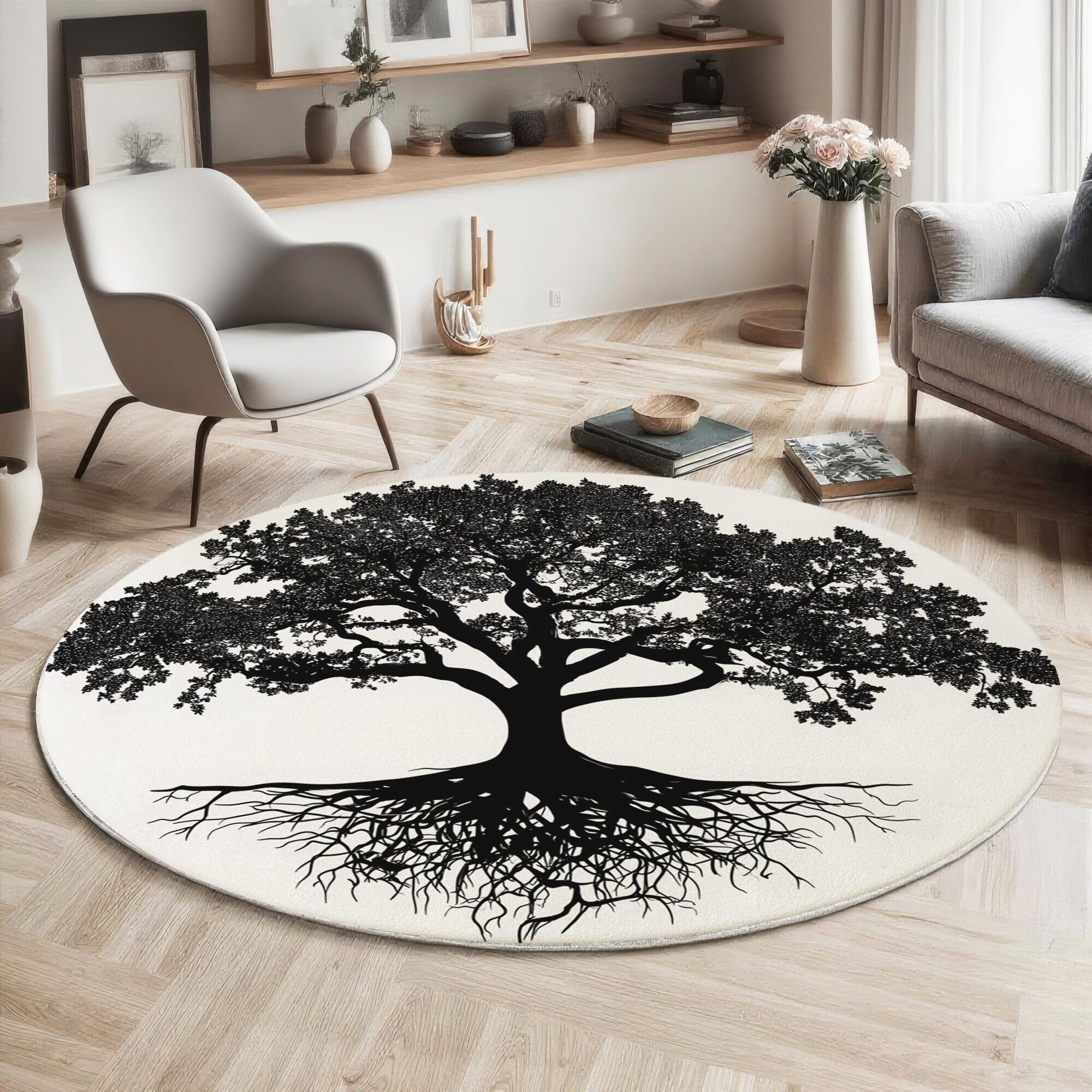 Tapis rond salon design silhouette oak en noir et blanc durable