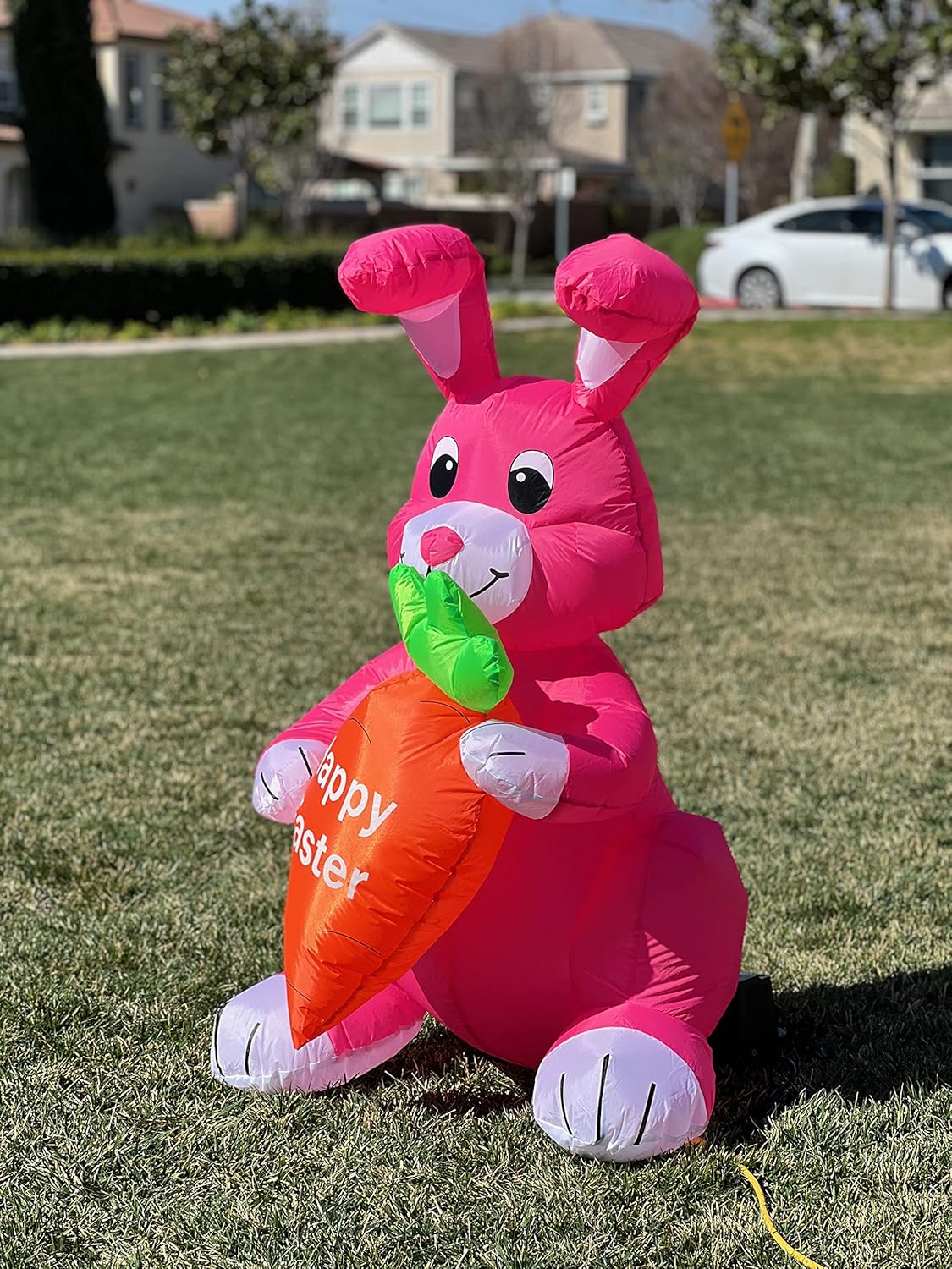 4 Foot Tall Happy Easter Inflatable Bunny Rabbit Sitting Holding a Carrot Pre-Lit LED Lights Outdoor Indoor Holiday Blow up Lighted Yard Lawn Home Family Outside Decor Party Decoration