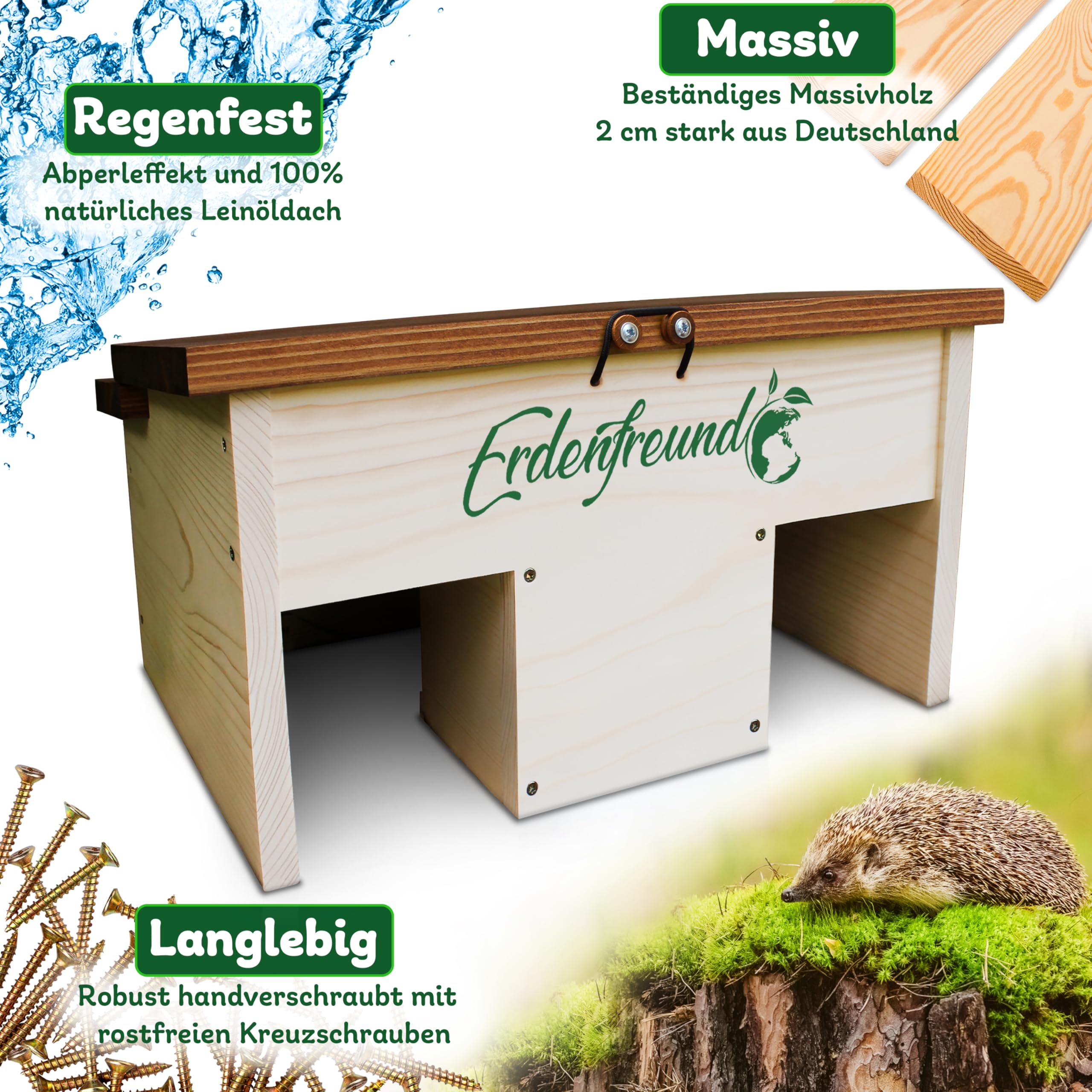 ERDENFREUND® Igelfutterhaus + 2er Set Wasser- & Futternapf Igelhaus kaufen artgerecht mit festem Dach-Sicherheitsverschluss und 2 Labyrinth Eingängen (Igelfutterhaus inkl. 2er Set Wasser-& Futternapf)