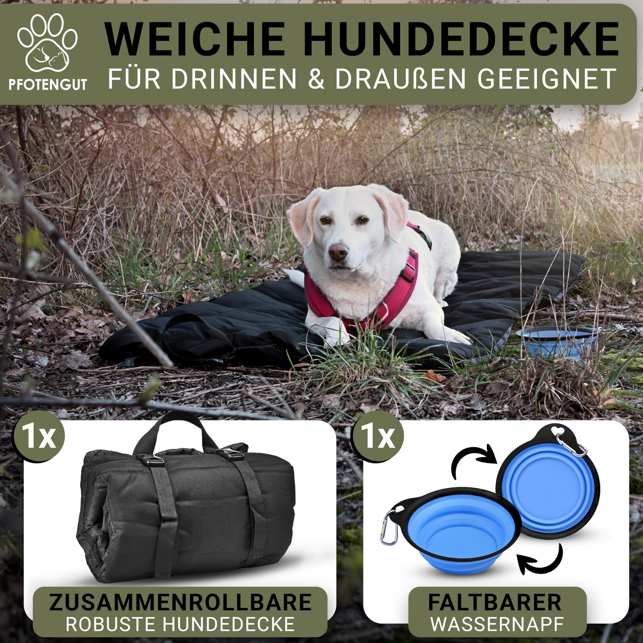 Couverture pour chien pour les déplacements [imperméable et antidérapant] – Tapis doux pour chien d'extérieur [110 x 70 cm] à emporter avec gamelle d'eau pliable avec mousqueton, HD11070
