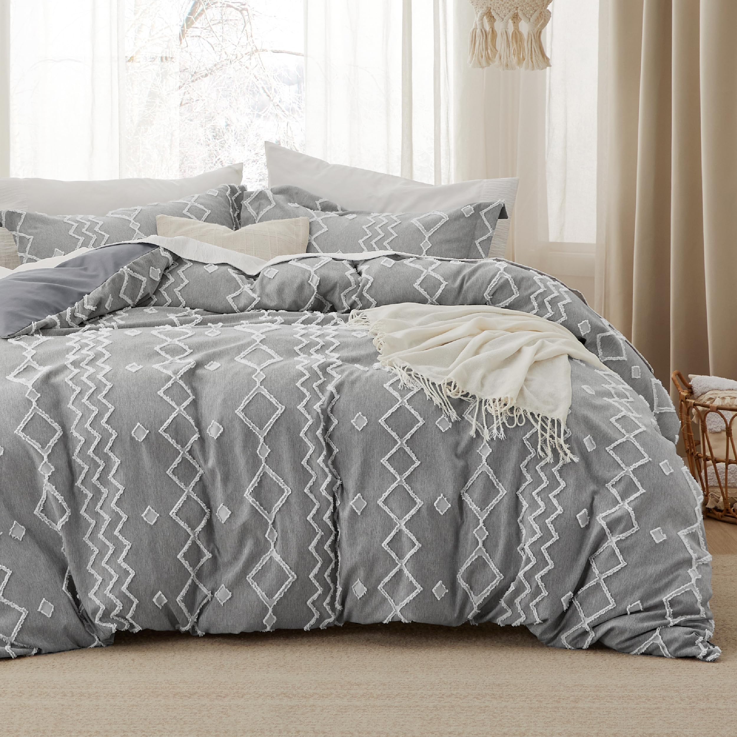 Bedsure Boho Duvet Cover Queen - Cationic Dyed Tufted Duvet Cover, 3-Piece Shabby Chic Boho Bedding Duvet Cover for All Seasons (Dark Grey, Queen, 90"x90")