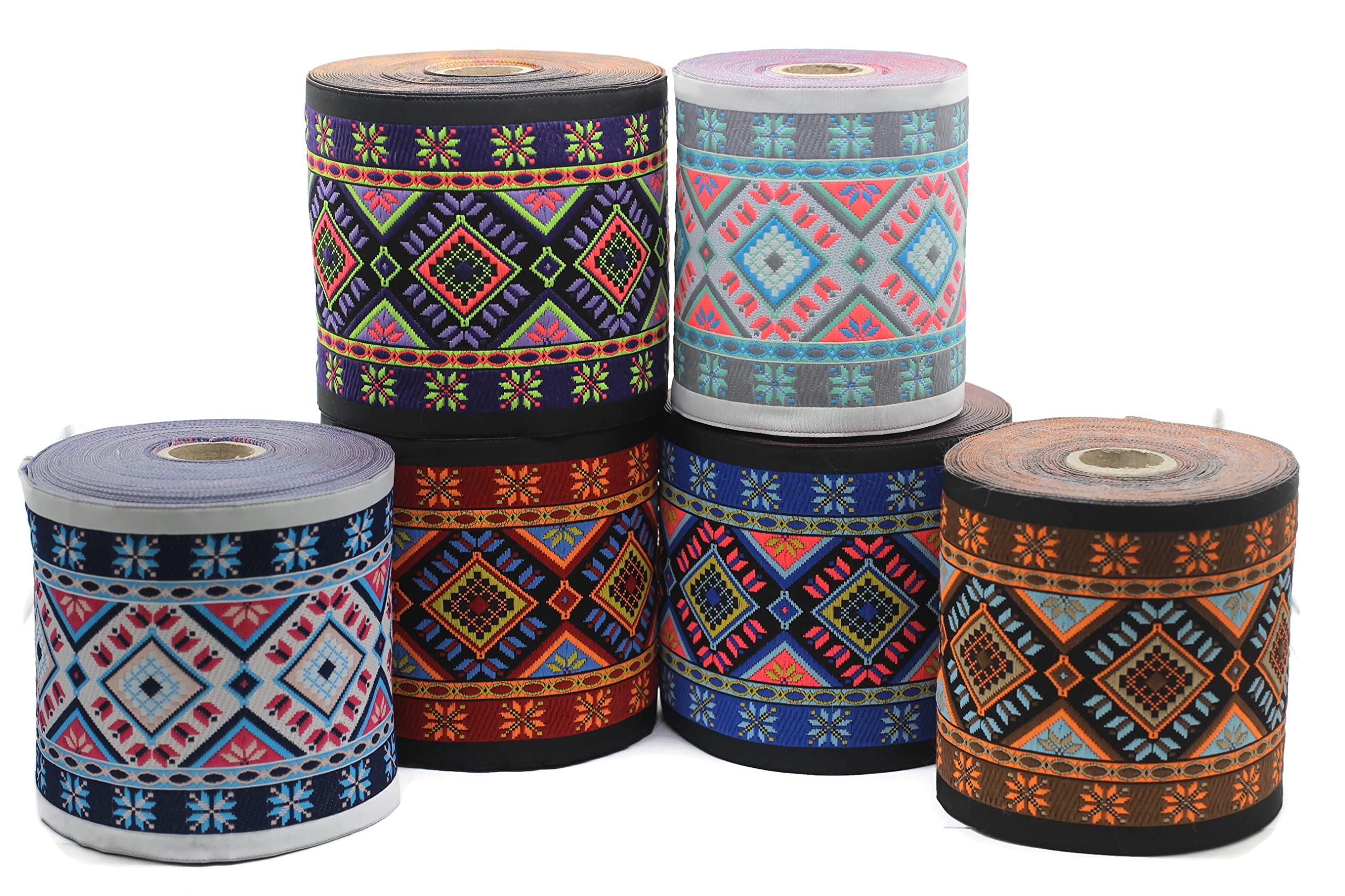 10 mètres de ruban jacquard de style Bleu-Orange Geometrique des rubans de tissu pour artisanat 100mm