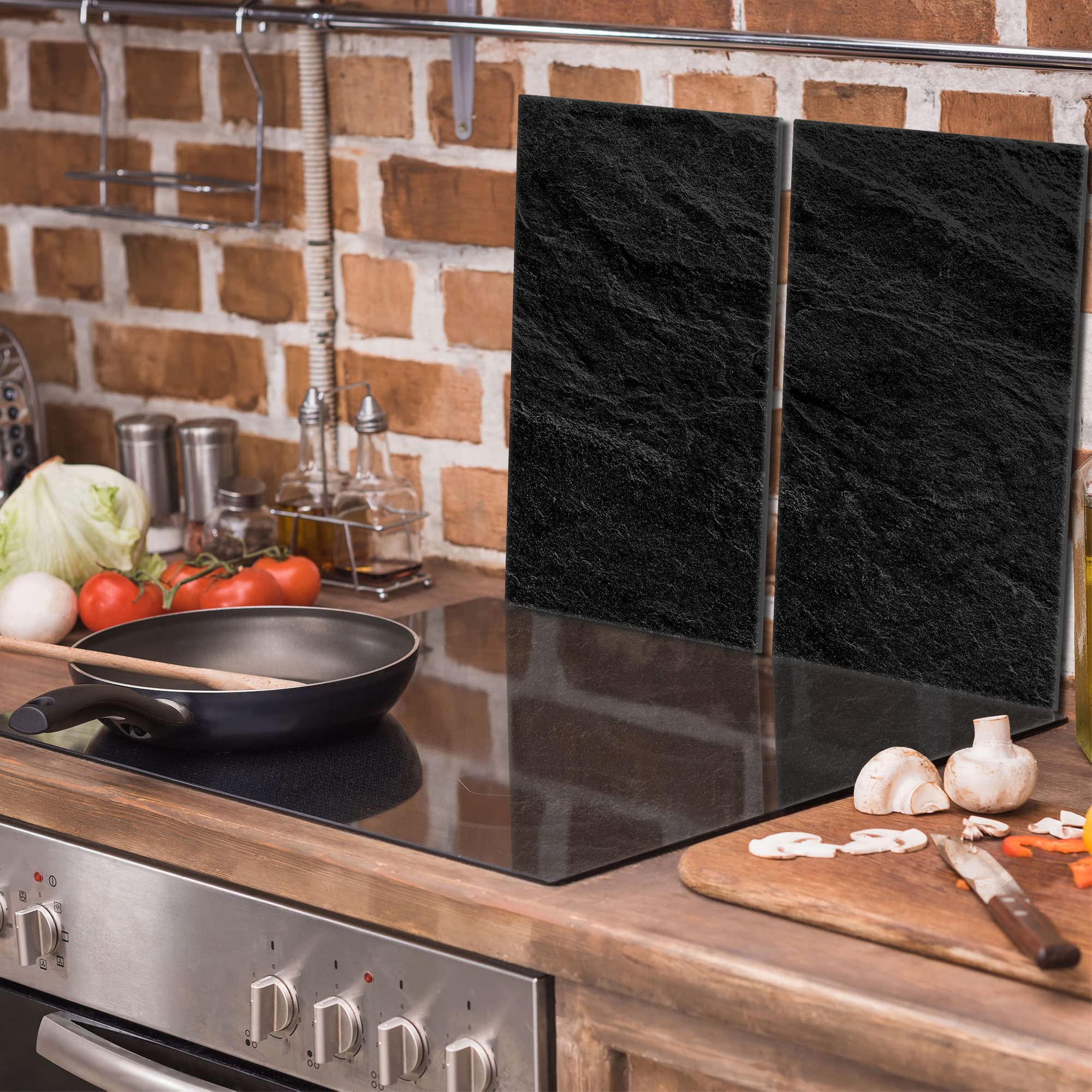 Herdabdeckplatten 2-Teilig 2x30x52 cm Ceranfeldabdeckung Küche Elektroherd Induktion Herdschutz Spritzschutz Glasplatte Schneidebrett aus Gehärtetem Glas, Schiefer Schwarz