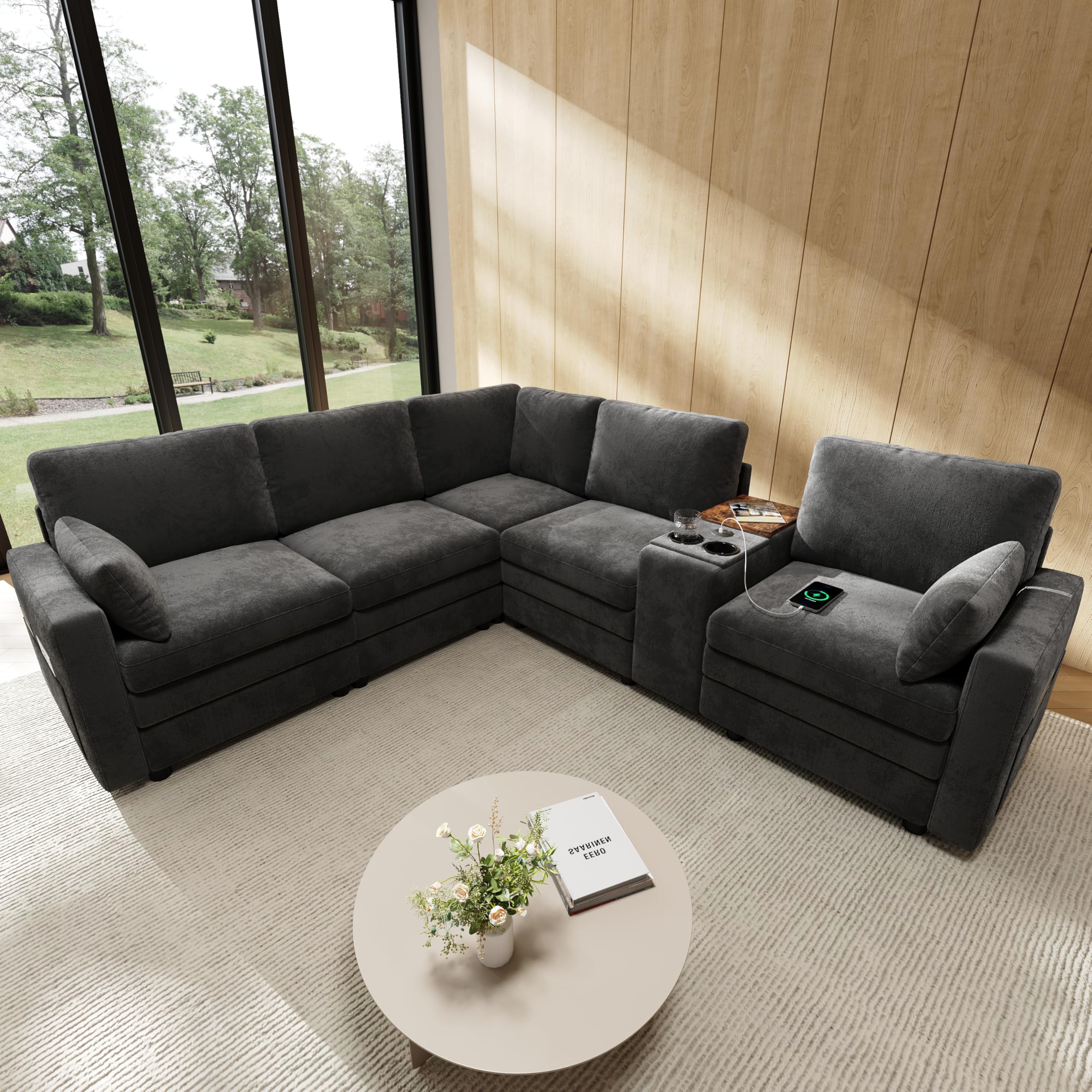 Sapgaks Canapé d'angle en Forme de L avec USB et Porte-gobelet,Canapé modulaire 5 Places avec Console Centrale Rabattable et Espace de Stockage,Canapé Nuage,Convient pour Le Salon et la Chambre,Gris