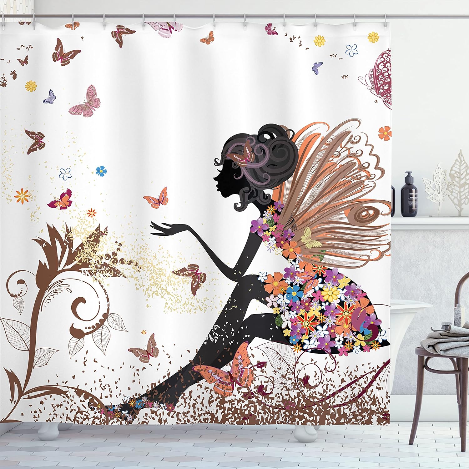 Ambesonne Fantasy Shower Curtain, Spring Girl Wings in a Floral Dress Surreal Garden Butterflies Print, Cloth Fabric Bathroom Decor Set with Hooks, 69" W x 70" L, Caramel White