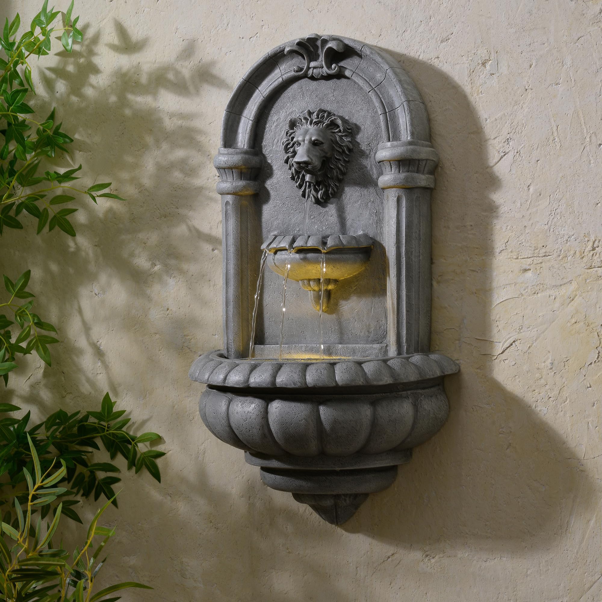 Teamson Home Fontaine Murale tête de Lion 81 cm Effet Pierre, éclairage LED intégré et Design Classique, Pierre Naturelle