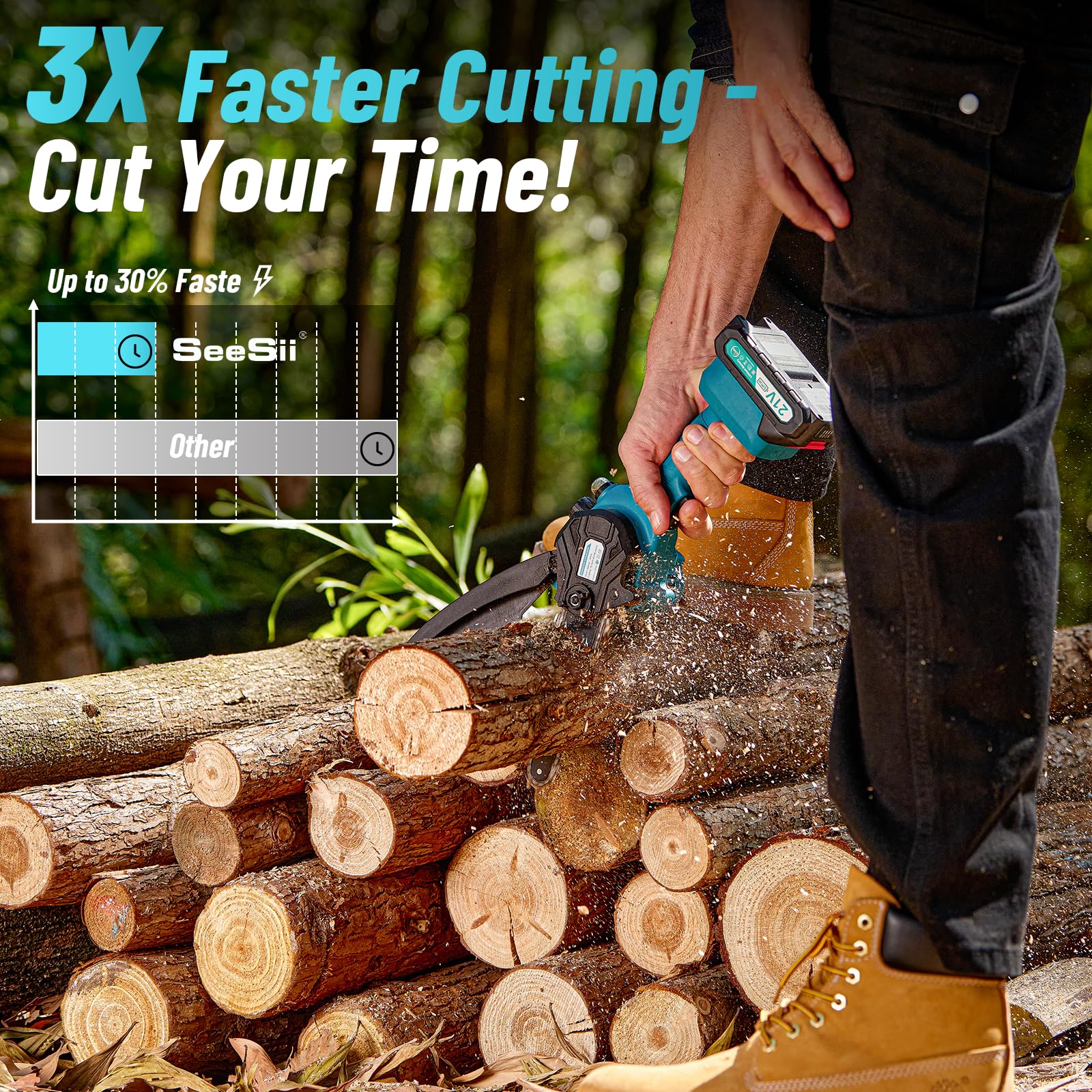 Mini Motosega a Batteria Portatile, Seesii Sega a Batteria da 6 Pollici con Caricatore, 2 Batterie e Oliatore Automatico, Motosega Elettrica per Giardinaggio, CH610