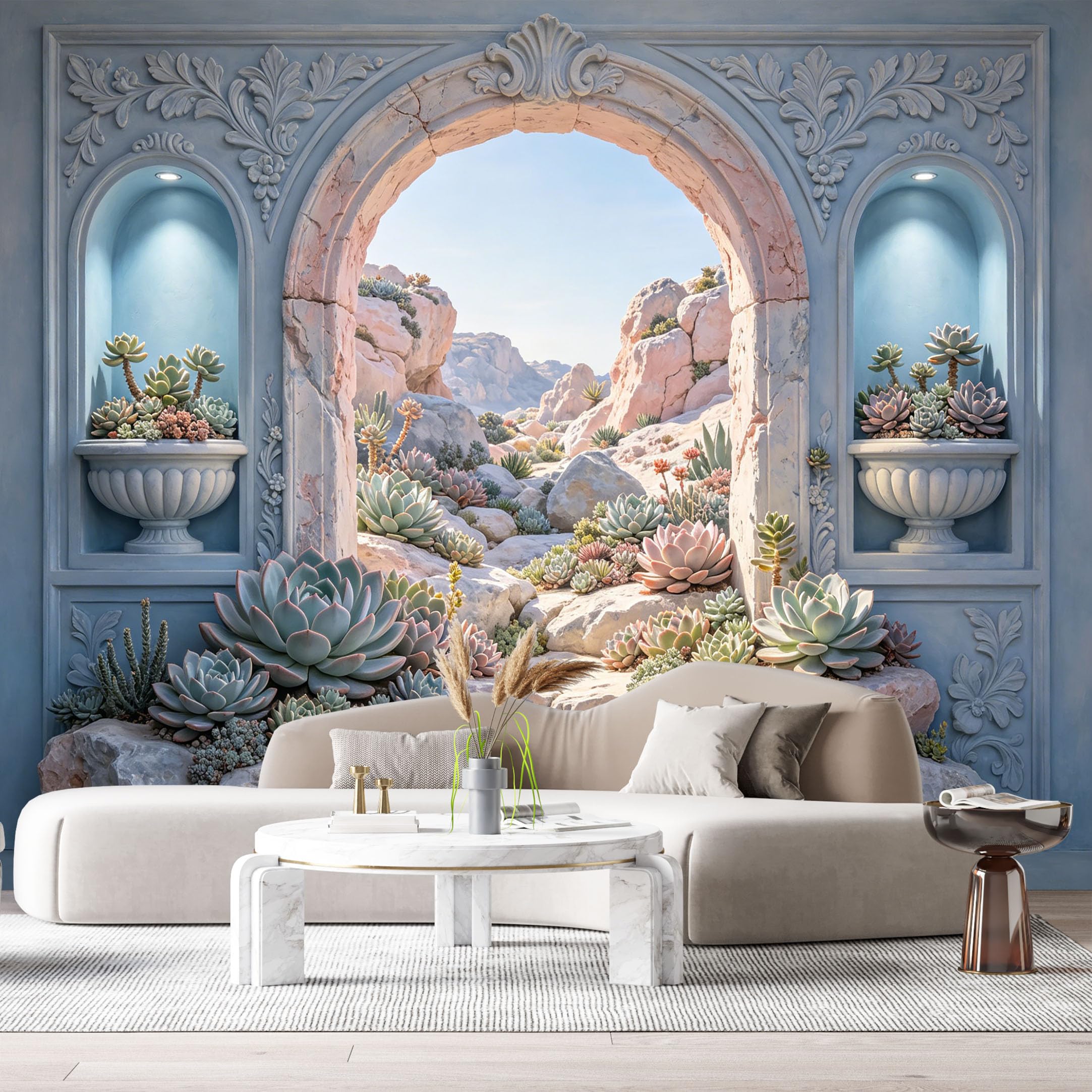 Custom Size Wall Murals Desert Succulent Stone Arch 3D Trompe L'Oeil SelfAdhesiveWall Fabric Removable Wallpaper Wall Decor for Living Room Bedroom Bathroom
