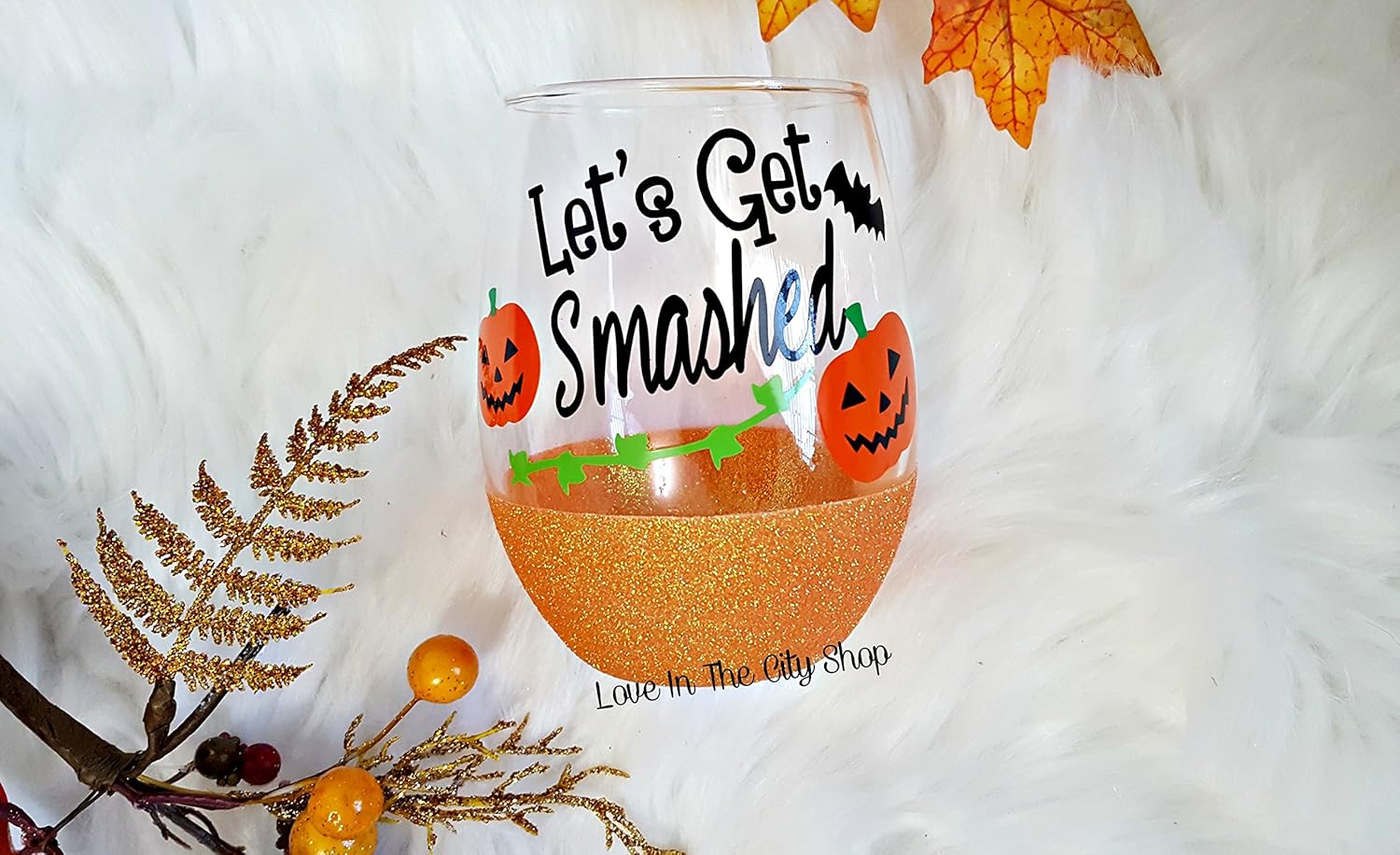 Let's Get Smashed Halloween Wine Glass. A glittered