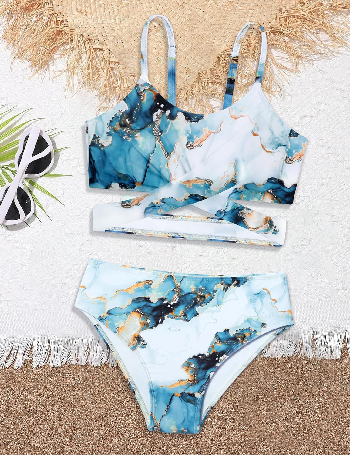 Girls Swimsuit Bathing Suits Criss Cross Bikini Set Two Piece Girls' Swimwear Solid Color Bathing Suit 7-16T - Image 4