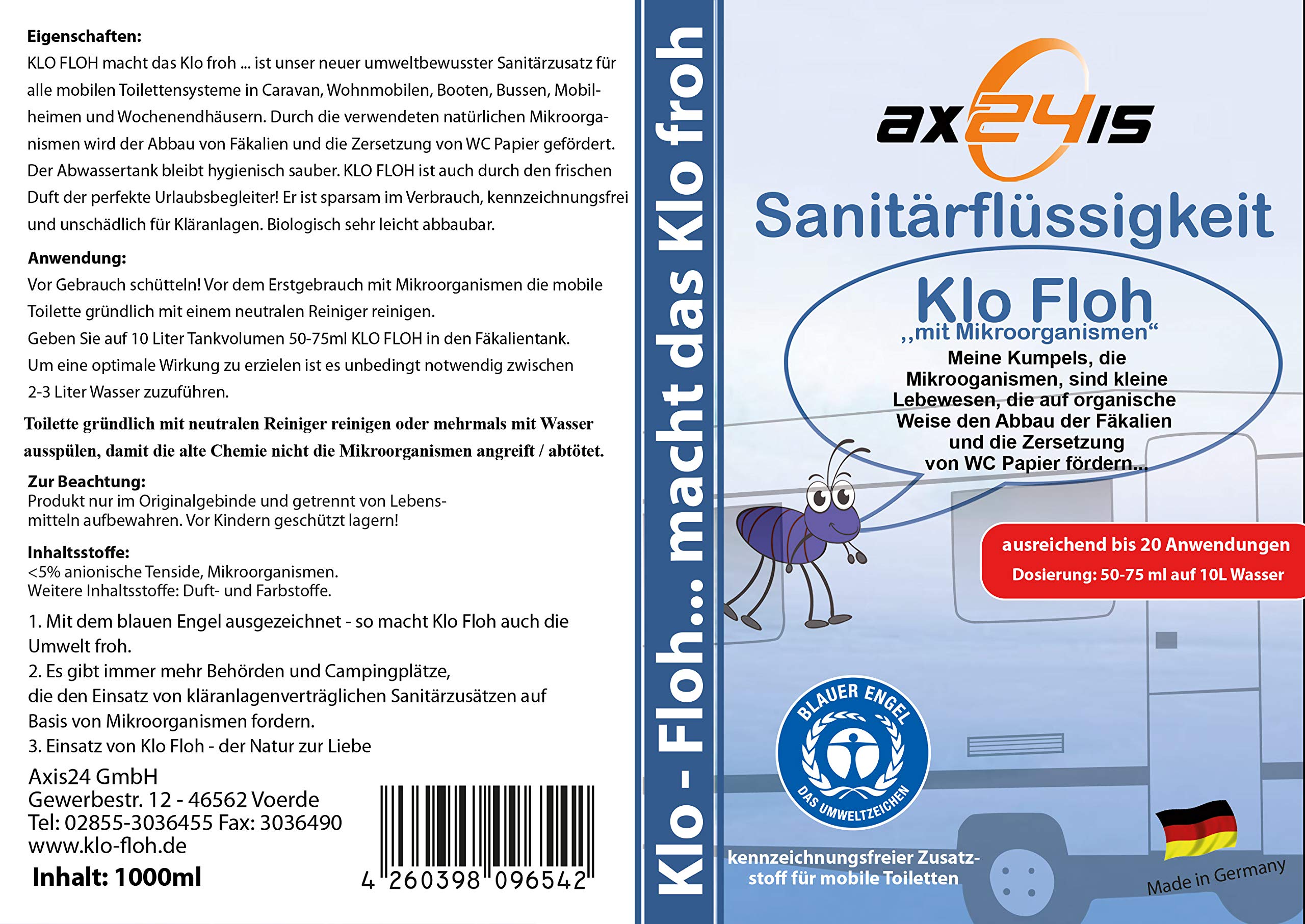 Sanitärflüssigkeit Klo Floh & WC Reiniger Set - Camping WC Zusatz | Biologischer Sanitärzusatz mit Mikroorganismen - Blauer Engel - Für Wohnmobil, Caravan & Boot - 1l Zusatz & 750ml Reiniger