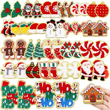 48 Pcs Self Adhesive Iron on Patches Chenille Embroidered Iron Sew on Patches Applique Santa Snowman Gingerbread DIY Accessory for Clothes Hats Jeans Dress SocksChristmas