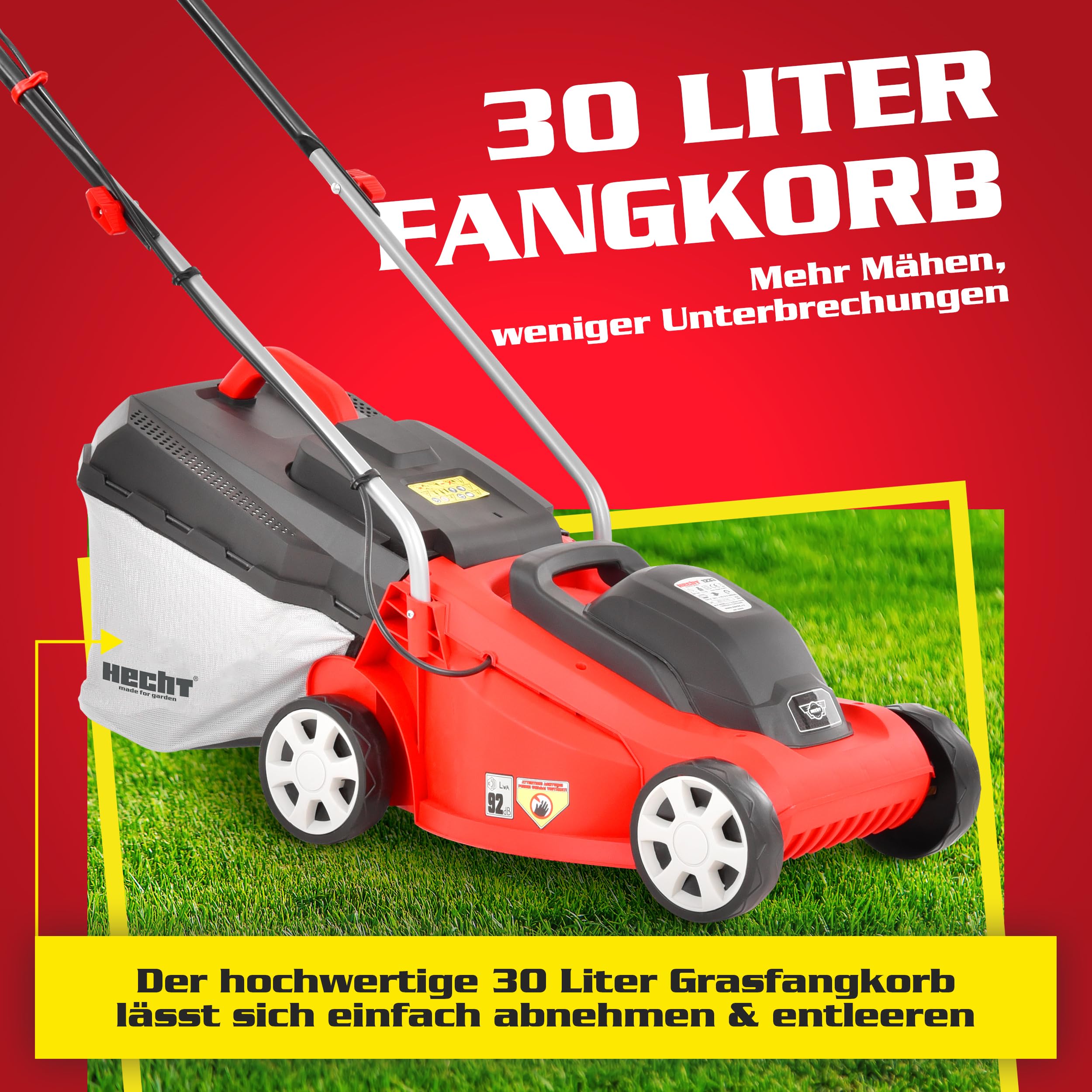 HECHT Elektro Rasenmäher 2in1 1300 W 33 cm 30 L Fangkorb | Radschnitthöheneinstellung 20-60 mm, kompakter Rasenmäher für Garten, Vorgarten und regelmäßige Rasenpflege