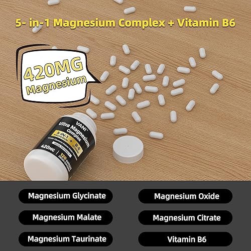 Miniatura 6 de Glicinato de magnesio, (420 mg) Complejo de magnesio 5 en 1 y suplemento B6 para nervios, corazón, salud muscular y relajación*, máxima