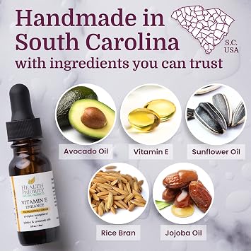 Health Priority Naturals|Vitamin E Oil - for Face/Hair - Organic, Handmade, Non-GMO, Gluten-Free, Vegan - For Scars, Wrinkles, Stretch Marks - Scented, 15,000 IU, 0.5 Fl Oz