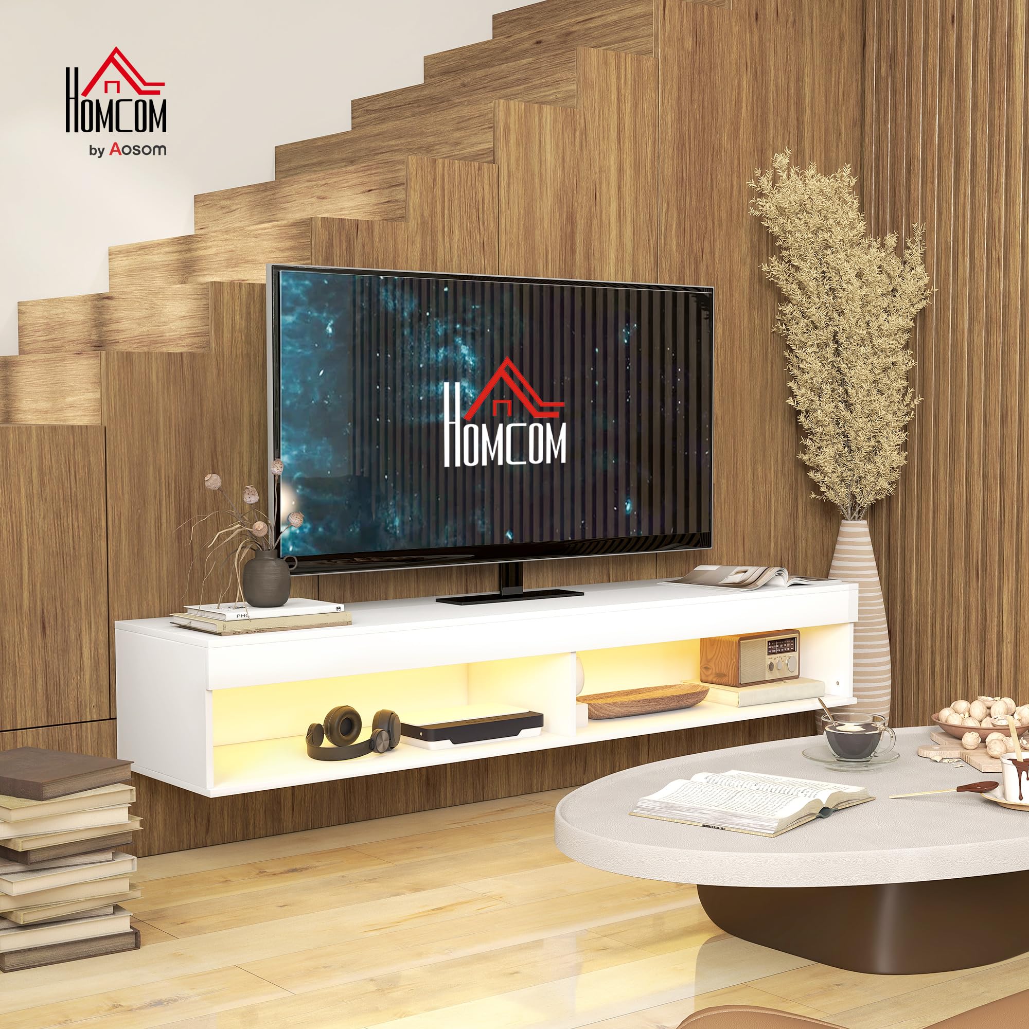 HOMCOM Meuble TV Suspendu Mural pour TV 75 Pouces 80 x 40 x 30 cm Blanc