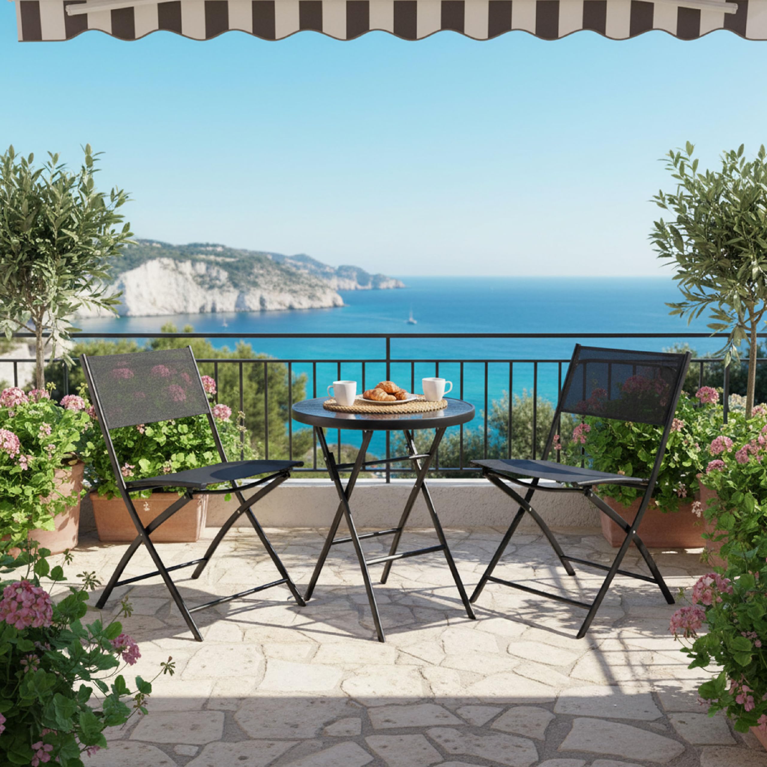 Baroni Home Set Giardino Pieghevole 3 Pezzi con 2 Sedie e Tavolo Rotondo in Vetro Temperato Ø60 cm, Set da Balcone e Terrazzo, Sedute Impermeabili (Nero)