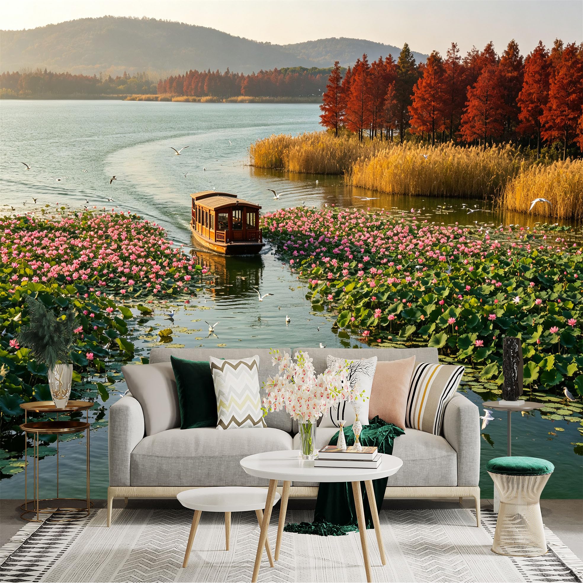 Custom Size Wall Sticker Mural， Wooden Boat on Lotus Lake， Autumn Forest Landscape， Flying Seagulls， Nature Scenery， for wall Decoration， peelandstick wall Decals.