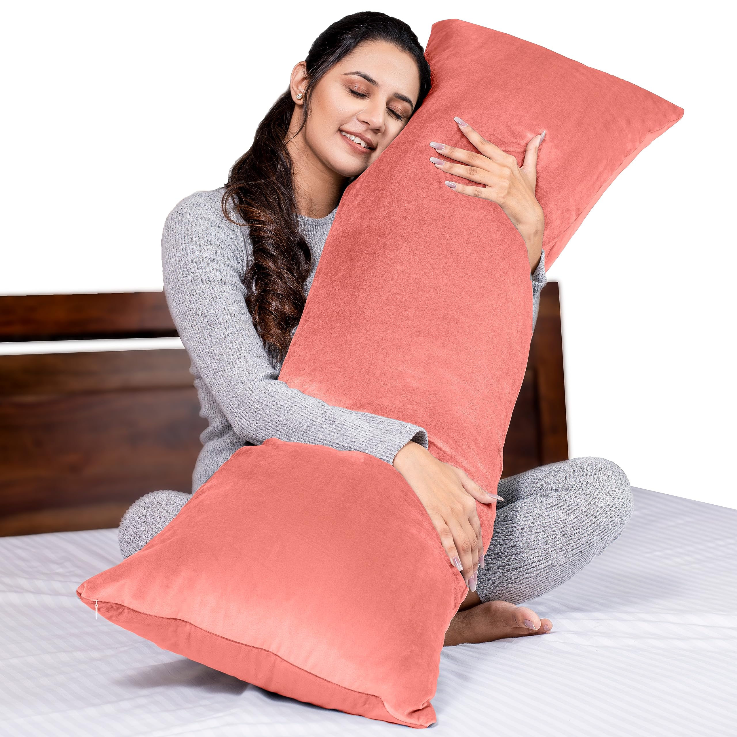 MY ARMOR Microfibre Body Side Pillow for Sleeping for Pregnancy, 53"x16" Inches, Long Cuddle Pillow for Hugging, Relaxing, Washable, Premium Velvet Outer Cover with Zip (Peach)
