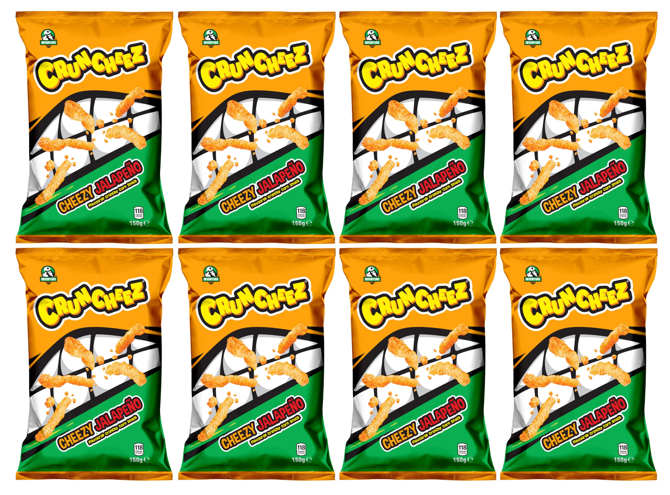 Inventure Cruncheez Cheezy Jalapeno 150g x 8 - (Gluten Free) 100% Backed - Cheese & Jalapeno Flavoured Extruded Corn Snak - Party Snack