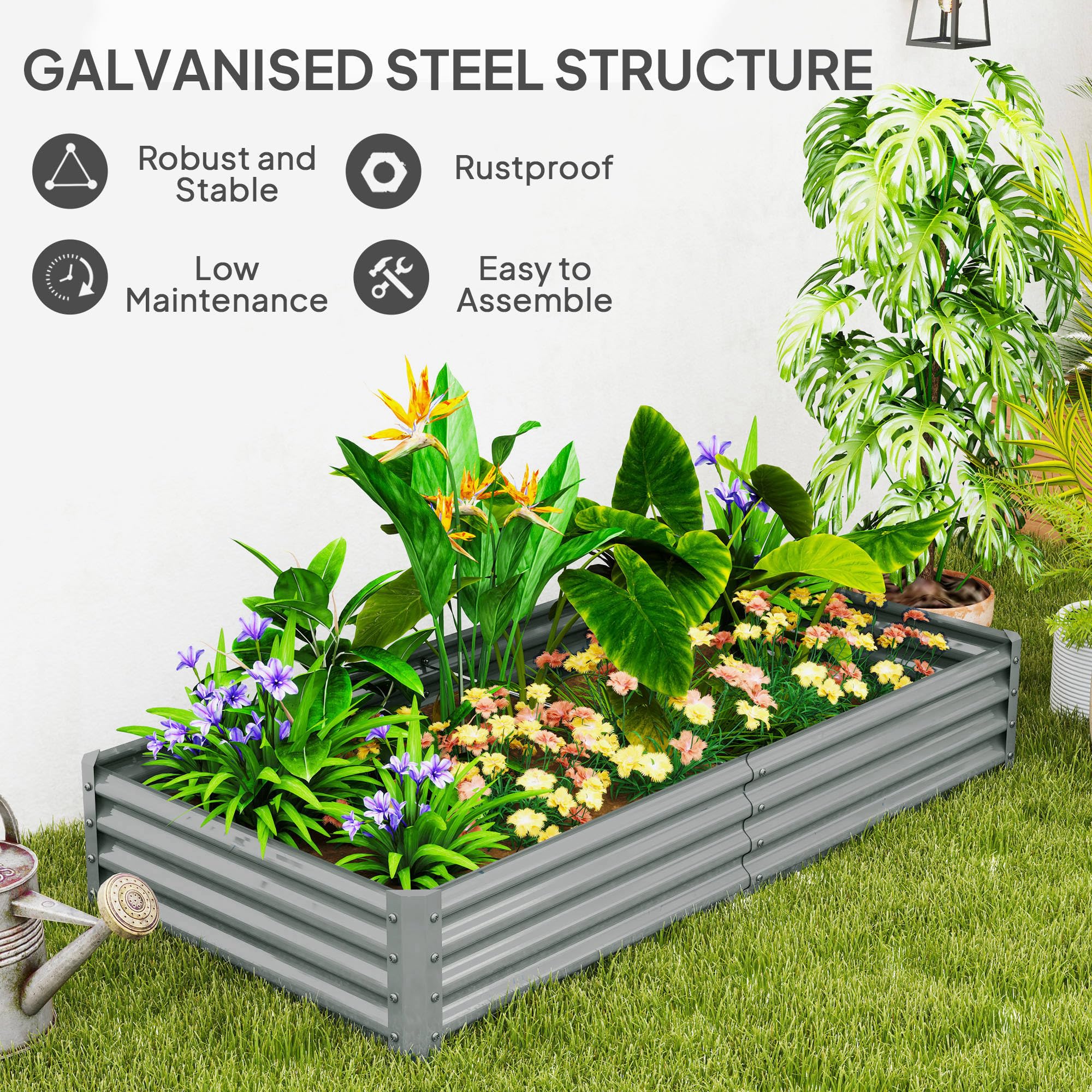Outsunny Galvanised Raised Garden Bed, 180 x 90 x 30cm Raised Bed with Reinforcing Bars - Image 4