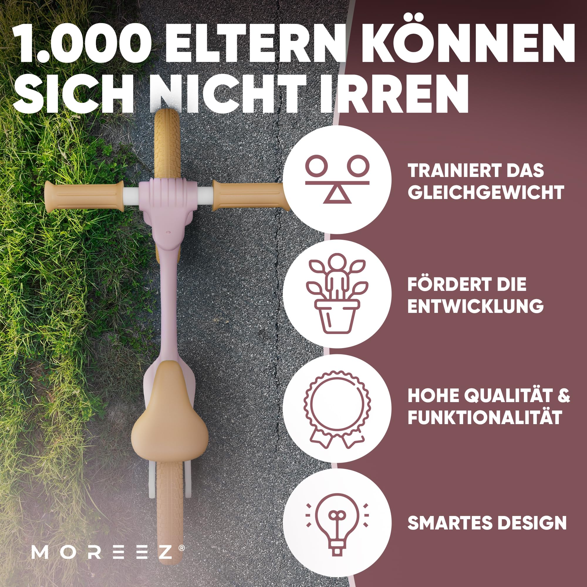 MOREEZ® Laufrad ab 2 Jahre [2-5 Jahre] Ultraleichtes Kinder-Laufrad mit Sturzschutz, Ergonomischer Sitz, 50Kg Pannensichere 12 Zoll Räder, rutschfeste Fußstütze, Höhenverstellbar Mädchen Junge