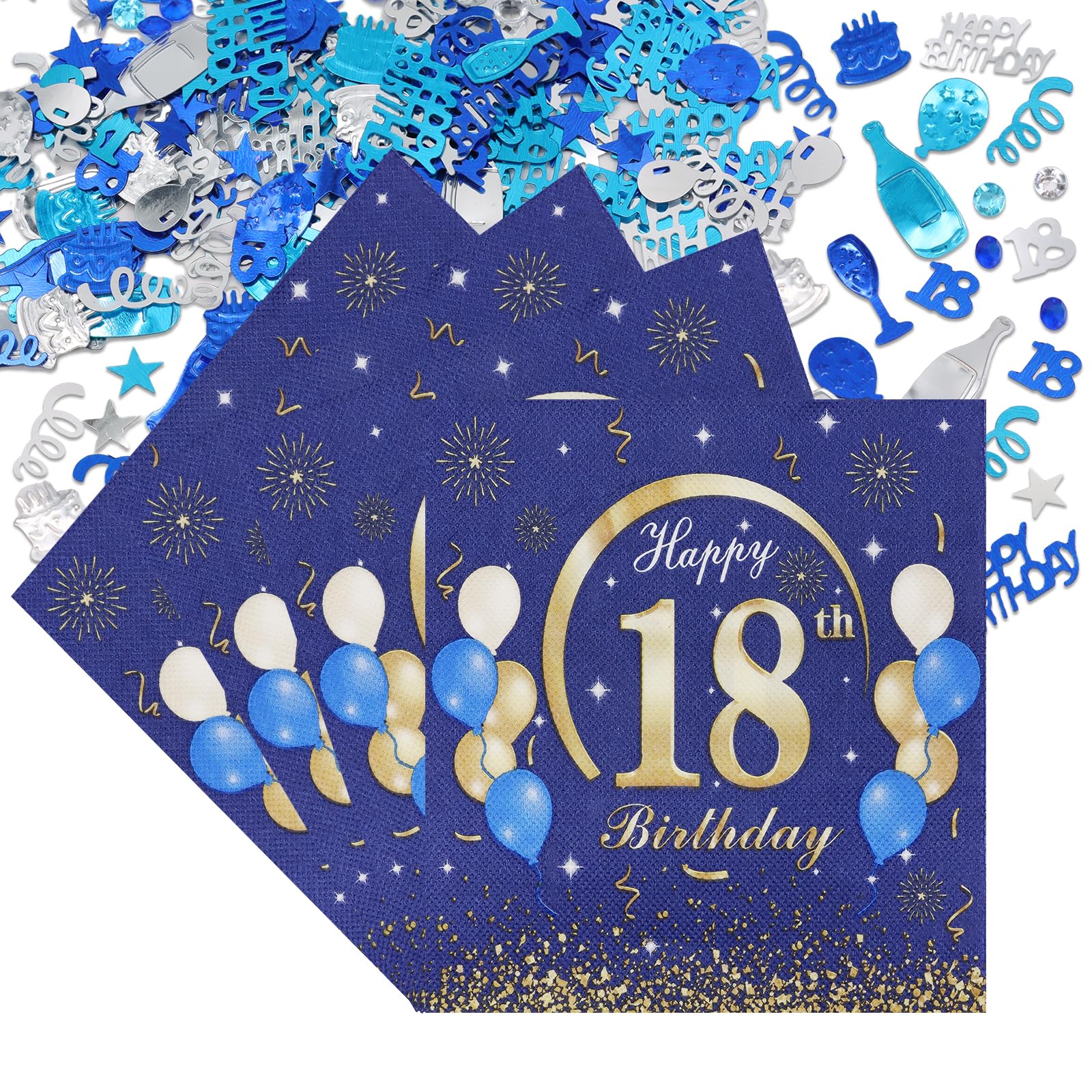 50 Tovaglioli 18&deg; Compleanno 33x33 Cm + Coriandoli - Tema Blu E Oro Per Feste