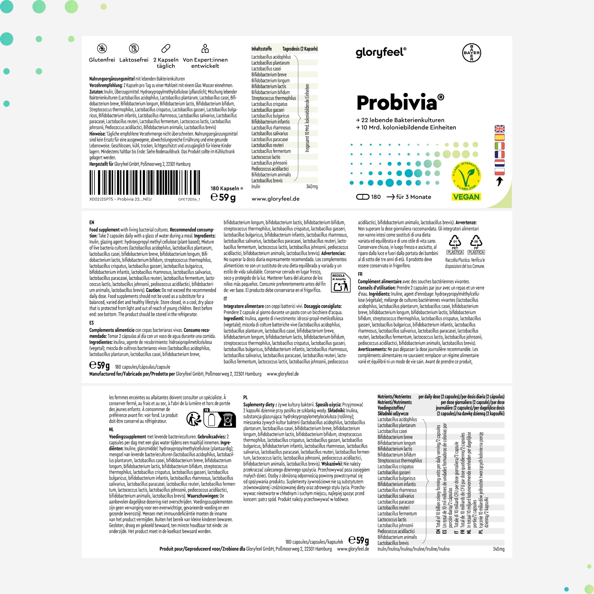 Probivia® Kulturen Komplex 10 Mrd. KBE pro Tagesdosis - 476 Mrd. KBE pro 1g Rohstoff - 22 Bakterienstämme & Inulin - 180 Kapseln - u.a. Lactobacillus, Bifidobacterium