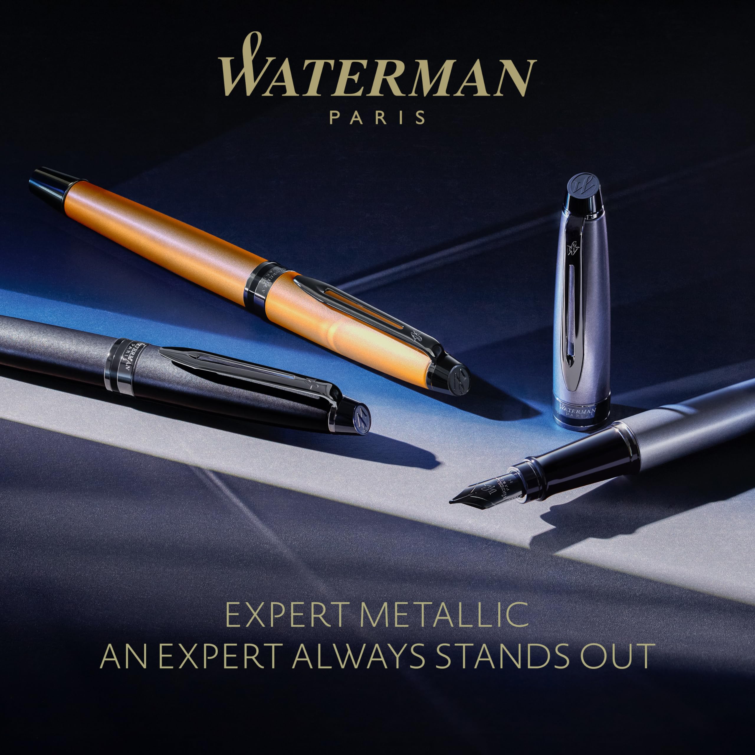 Penna a sfera Waterman Expert | Laccatura dorata metallizzata con puntale in rutenio | Punta media | Inchiostro blu | Confezione regalo
