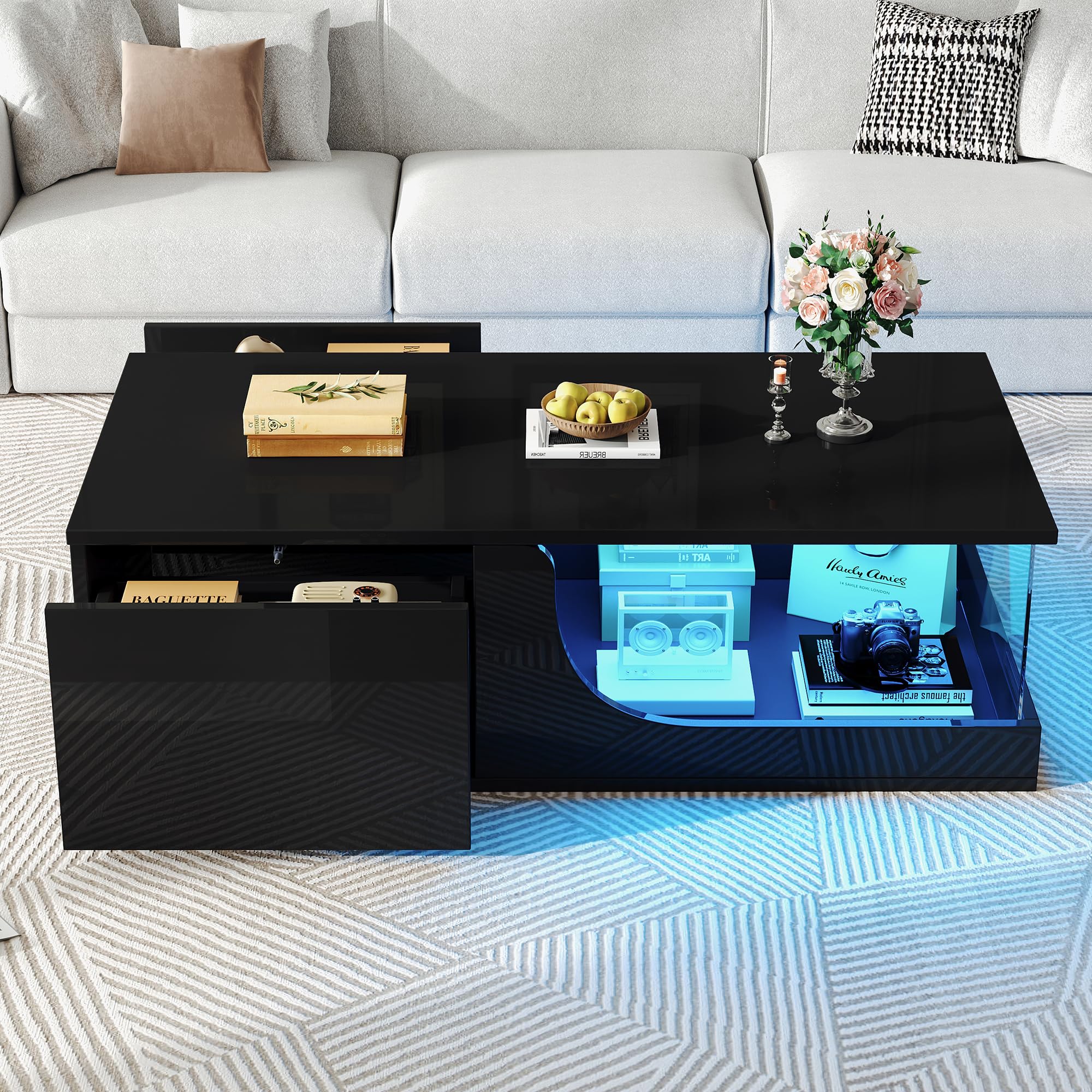 Merax Table Basse LED avec 2 tiroirs, Table de Salon Haute Brillance avec Plateau en Verre trempé, Table de café Moderne avec éclairage RGB contrôlé par Application, Couleur Noire,100×50x30 cm