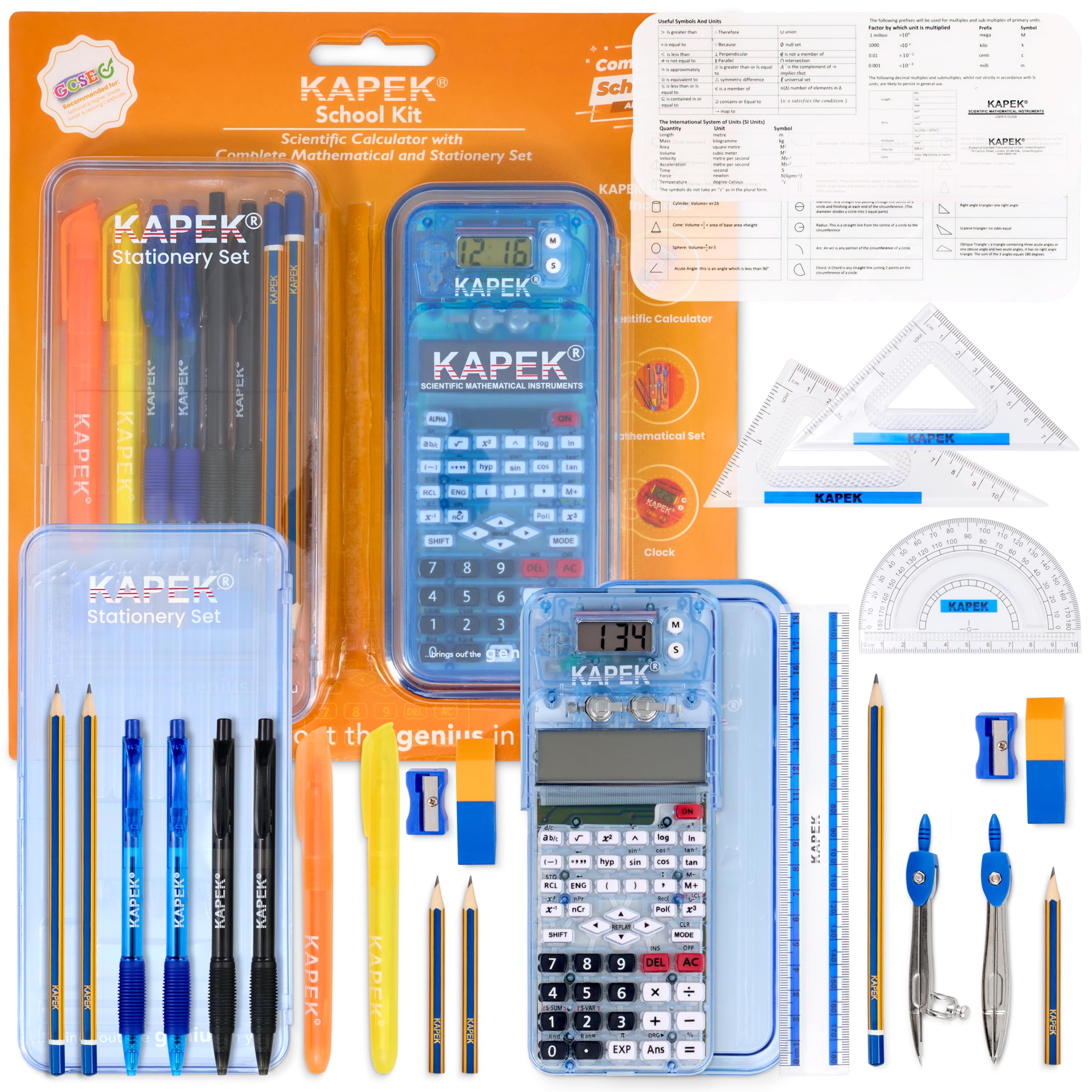 KAPEK School Kit Bundle – Scientific Calculator, Complete Maths Set & Stationery Kit | 30 Piece Student Study Set with Compass, Protractor, Pens, Pencils & Highlighters
