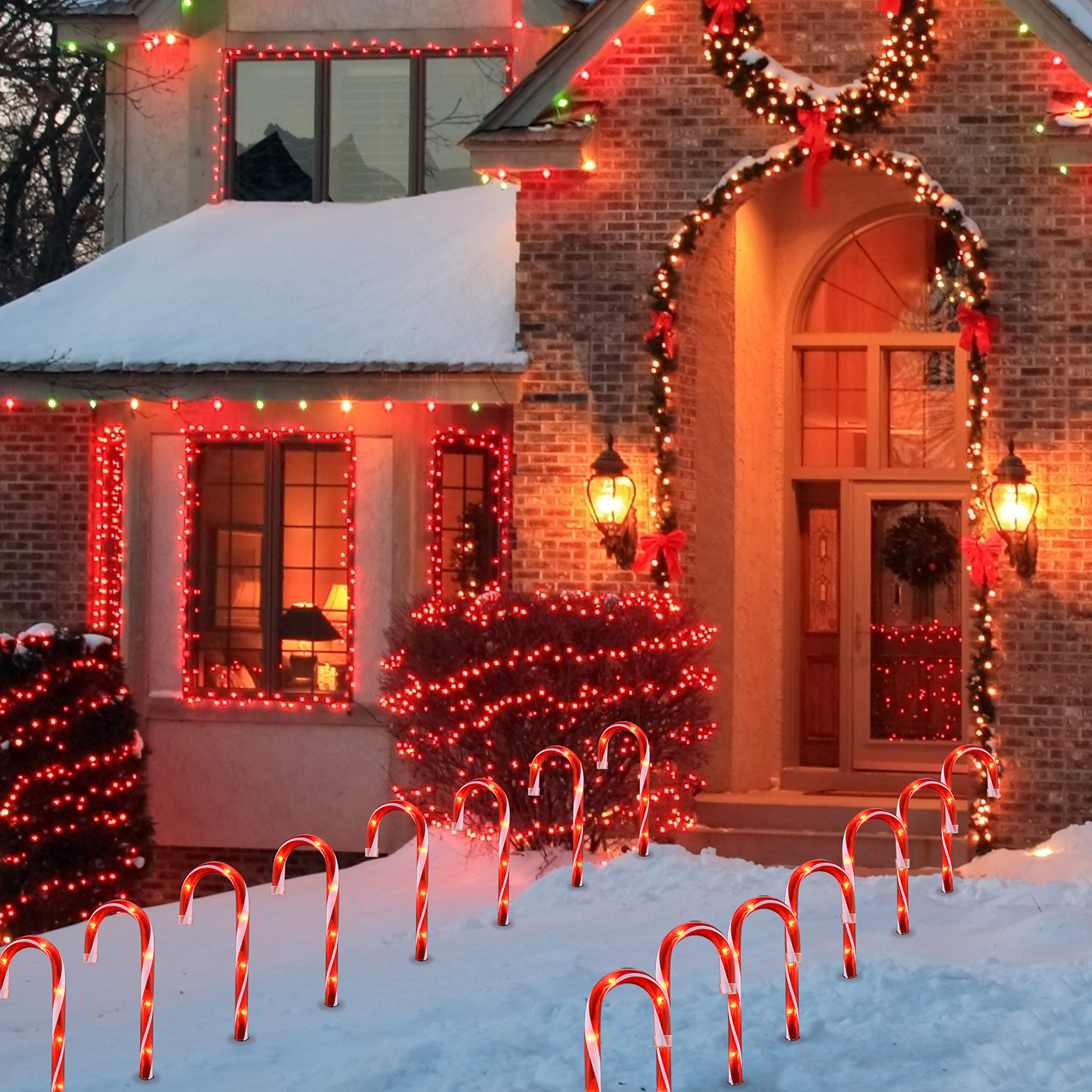 Luces de bastón de caramelo, paquete de 10 luces de camino de bastón de caramelo, 10 pulgadas, color rojo claro, bastón de caramelo para exteriores, decoración de Navidad para pasarela, entrada, acera 7