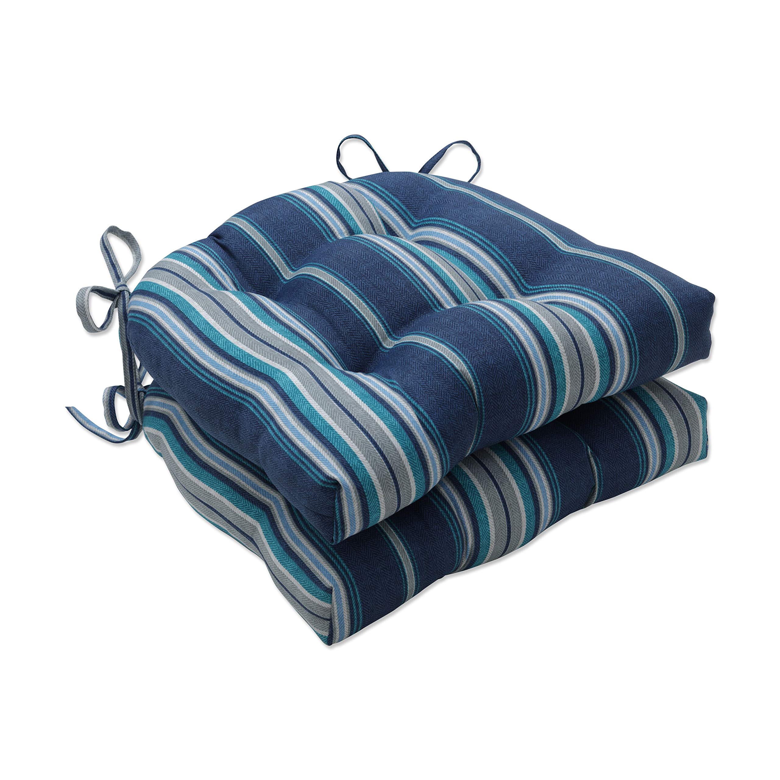 Pillow Perfect Stripe Indoor/Outdoor Chairpad with Ties, Tufted, Weather, and Fade Resistant, 17" x 17.5", Blue/Grey Terrace, 2 Count