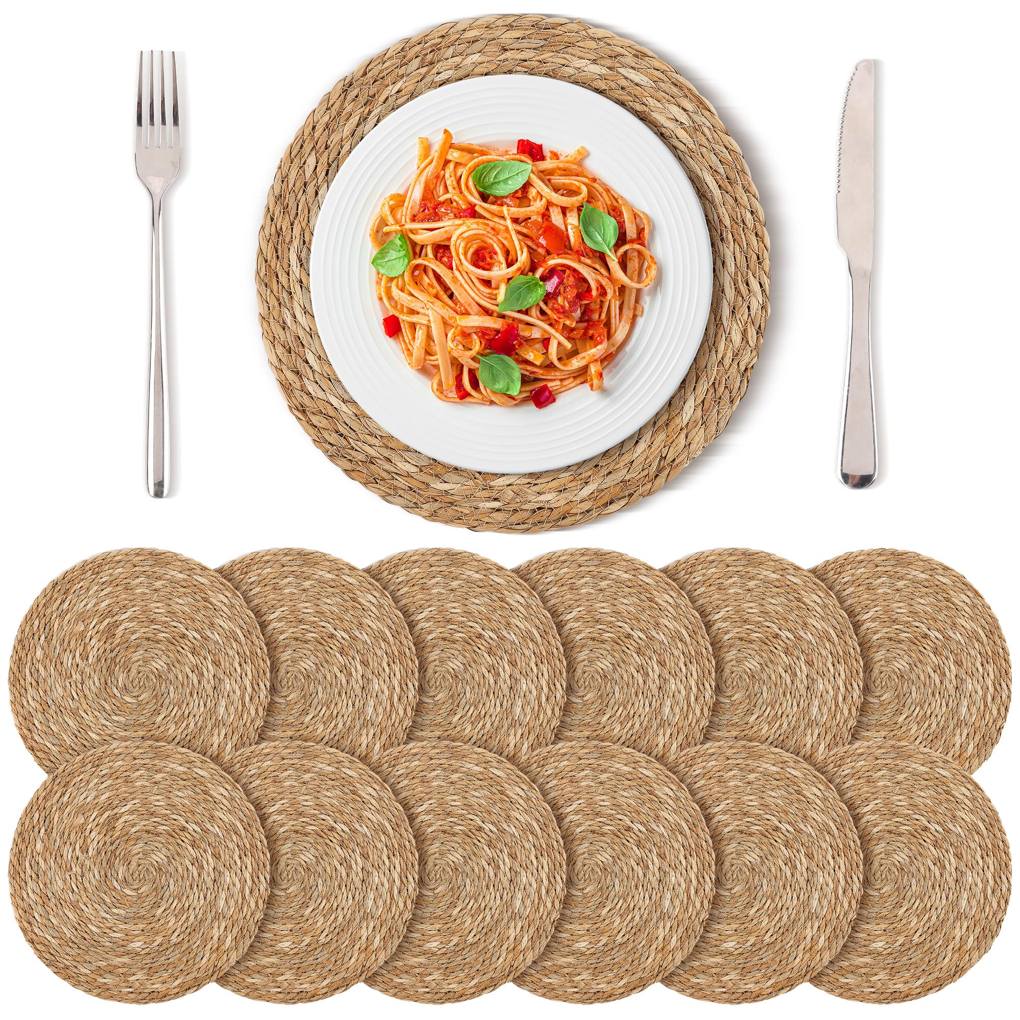 Set of 12 Round Woven Placemats 13.8 Inches Bulrush Placemats Natural