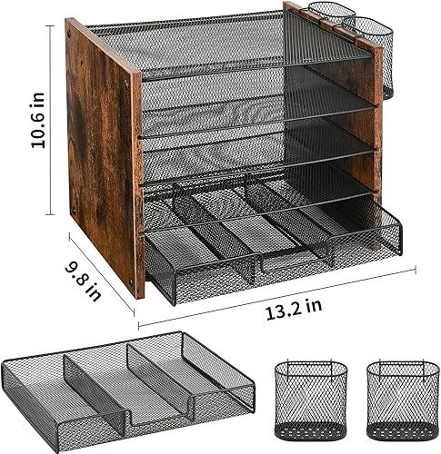 Miniatura 5 de OPNCIE - Organizador de escritorio y accesorios, organizador de archivos de papel de 5 niveles con cajón y 2 soportes para bolígrafos, accesorios de