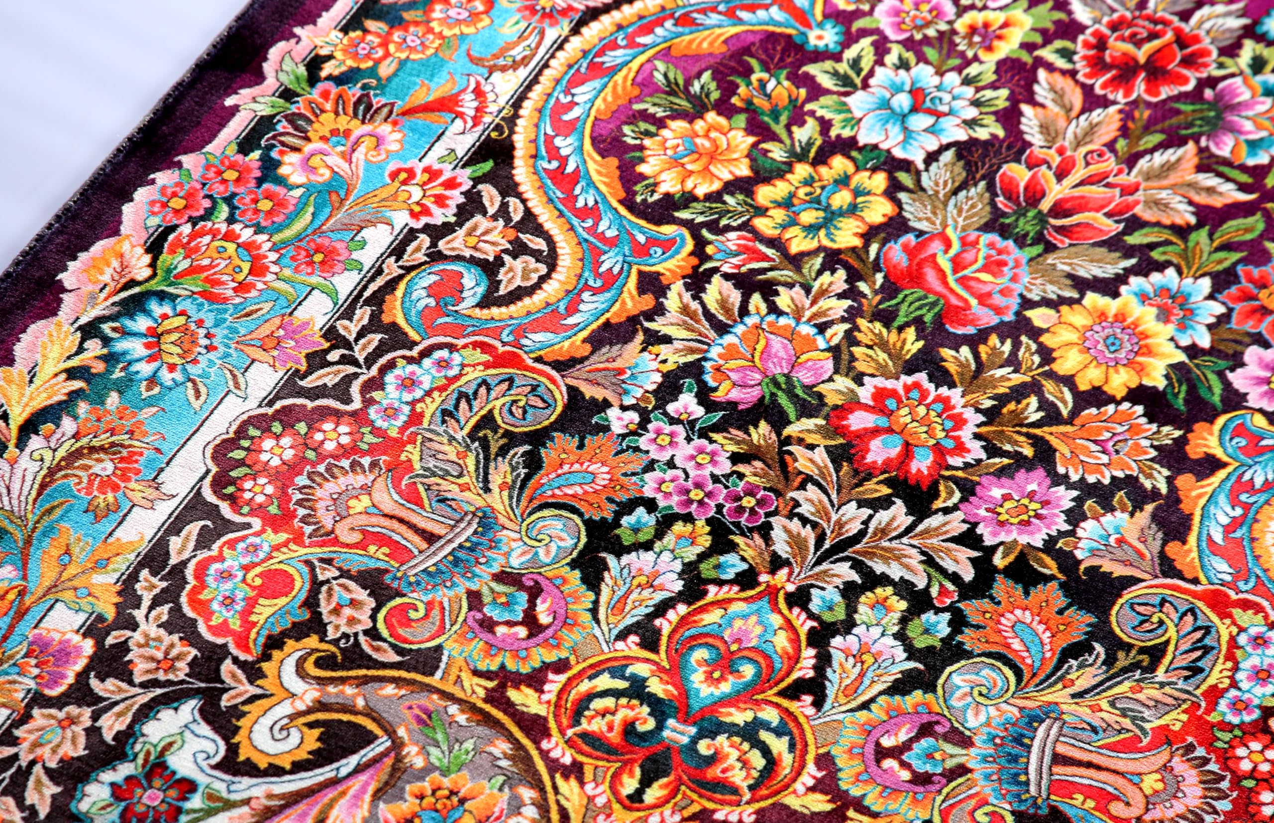 ALLMODE Tapis de prière turc - Motif floral - Motif traditionnel turc - Pompons gris - Multicolore