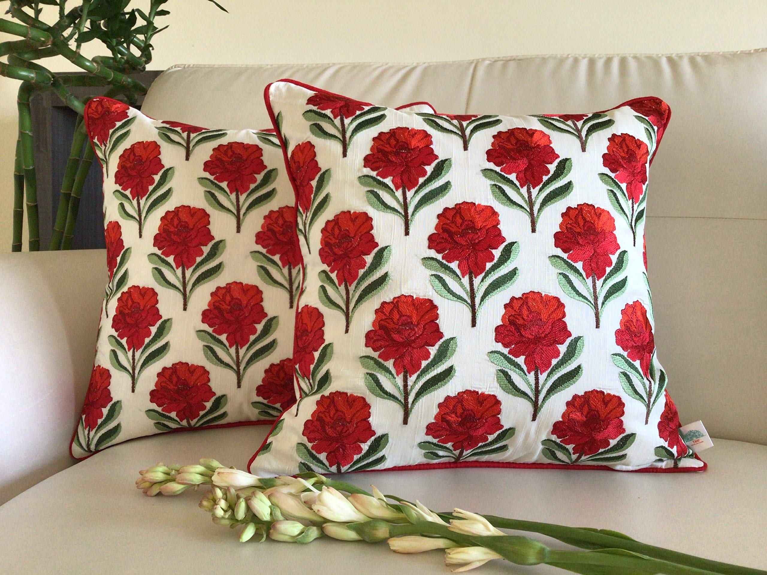 TARA- Sparkling Homes Embroidered Cushion Covers 16 x 16 inch Set of 2 Baghs of Gulmarg Floral Collection in Cotton Silk (Rose Red, 16 x 16 Inches)-image-39