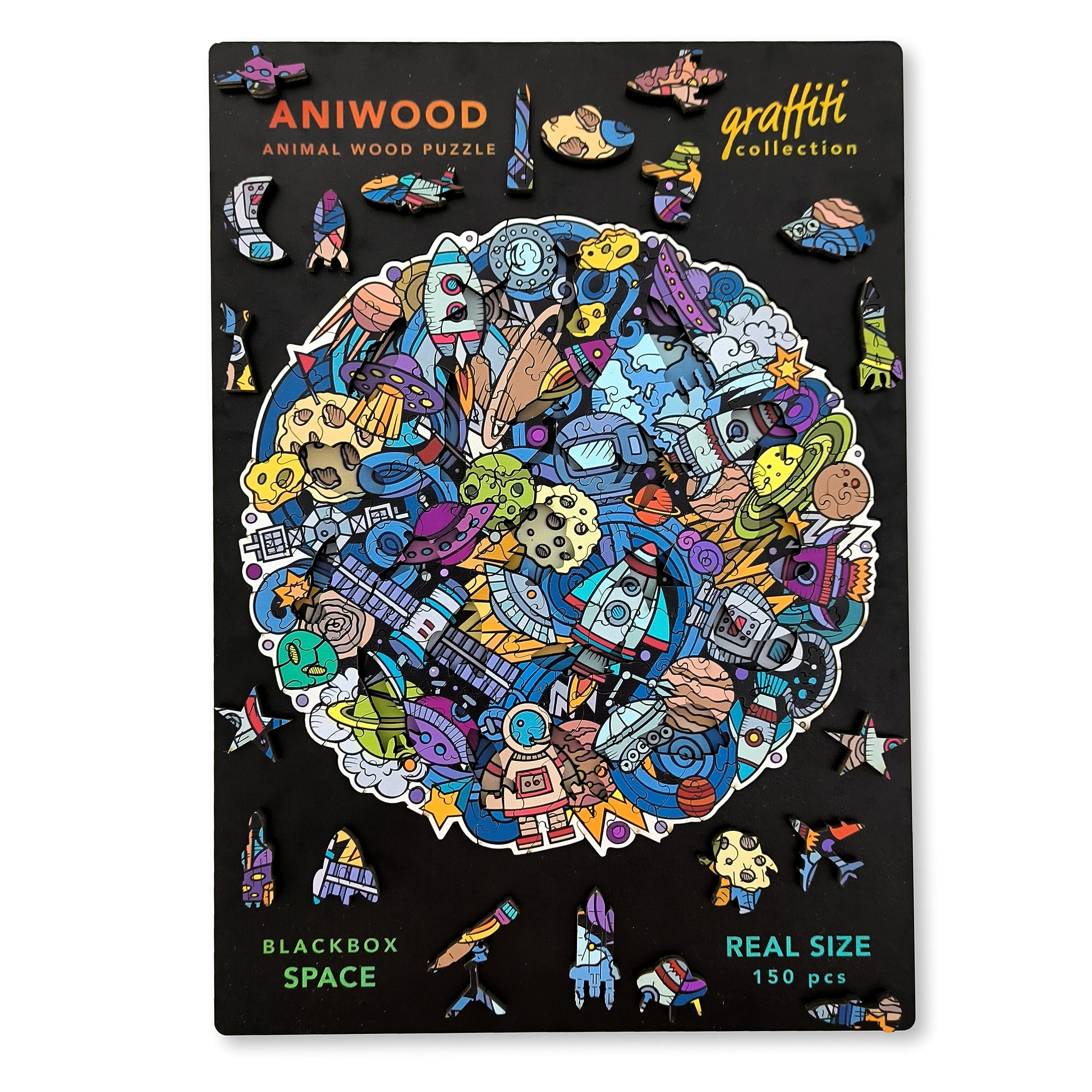 ANIWOOD Puzzle en Bois en Forme d'animal. Couvercle découpé à la Taille réelle du Puzzle. Contient des pièces Uniques d'animaux (Mandalas Espace, M)