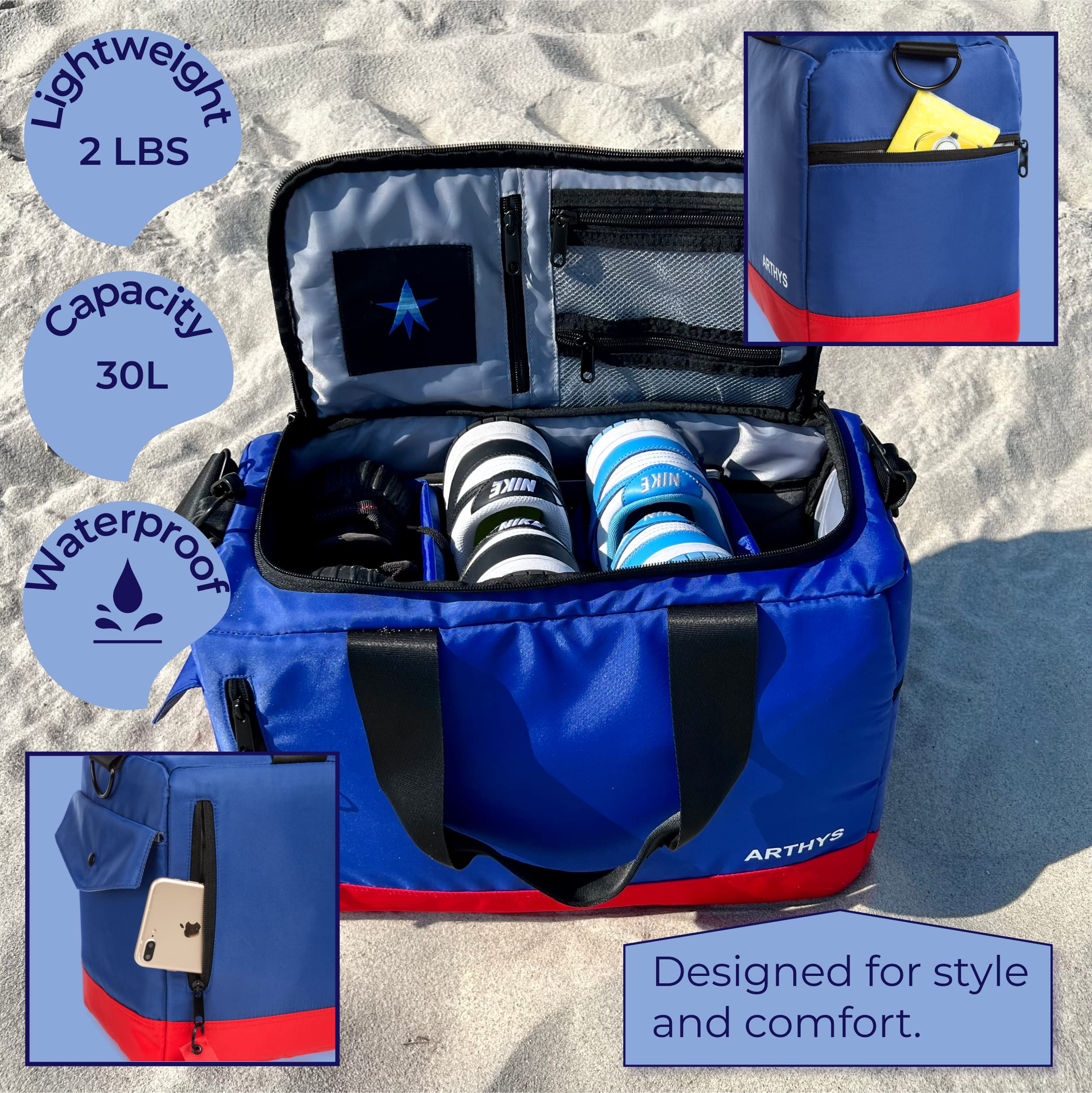 Borsone da viaggio con 3 scomparti regolabili per scarpe da ginnastica, allenamento sportivo e weekender, TSA, da uomo, Blu-Rosso, Medium