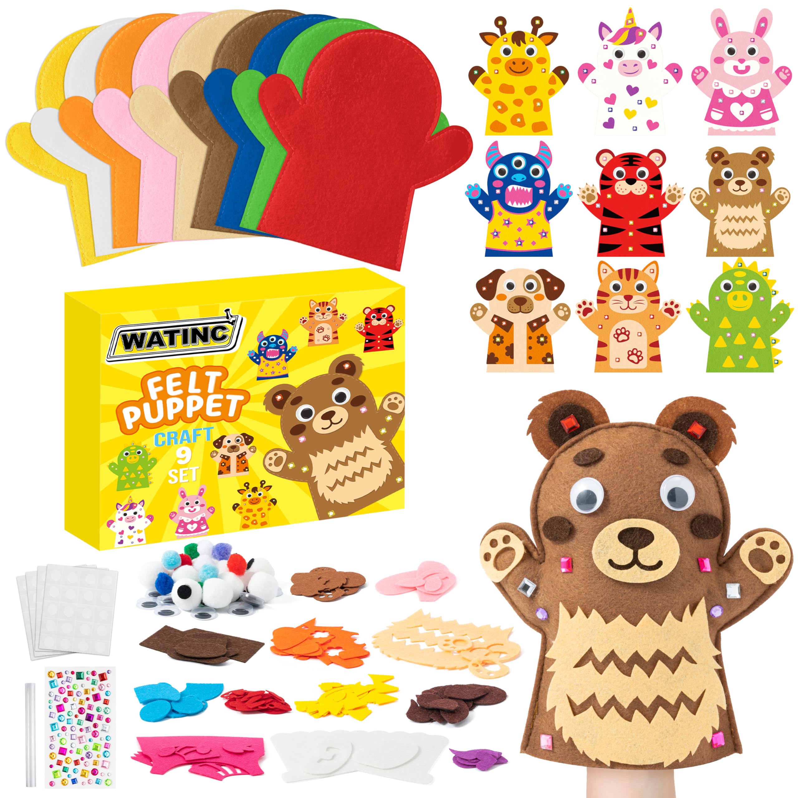 WATINC Hand Puppet Making Kit - 9 Pcs Felt Craft Kit with DIY Pompoms Googly Eyes, Make Your Own Glove Puppet Toys for Kid, Creative Craft for Storytelling Role Play, Party Favor & Gift(Mixed Animal) — image 1