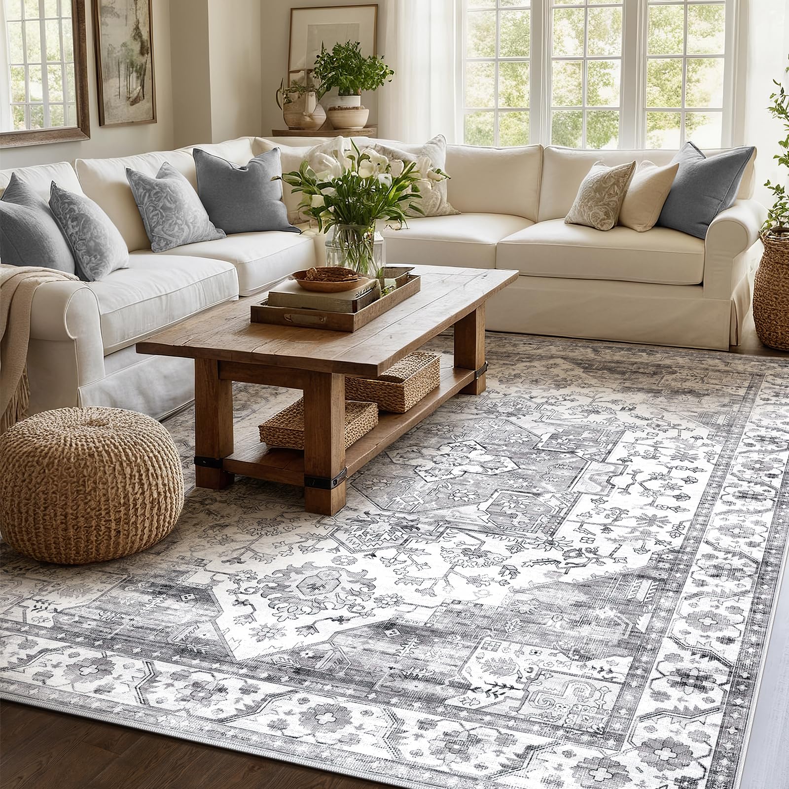 XSIVOD Grey Living Room Rug, Washable Area Rugs for Bedroom, Non Slip Vintage Rugs for Dining Room Home Office, Soft Low Pile Floral Rug Accent Floor Carpet for Home Decor, 150 x 210 cm